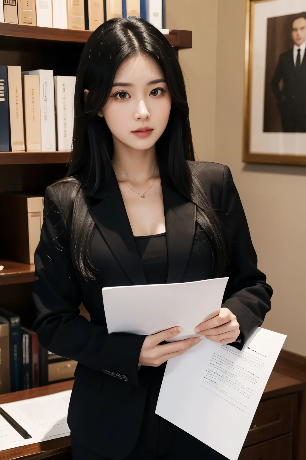 A woman with long black hair，30 years old，Wearing office suit，Holding a document and introducing it to the camera