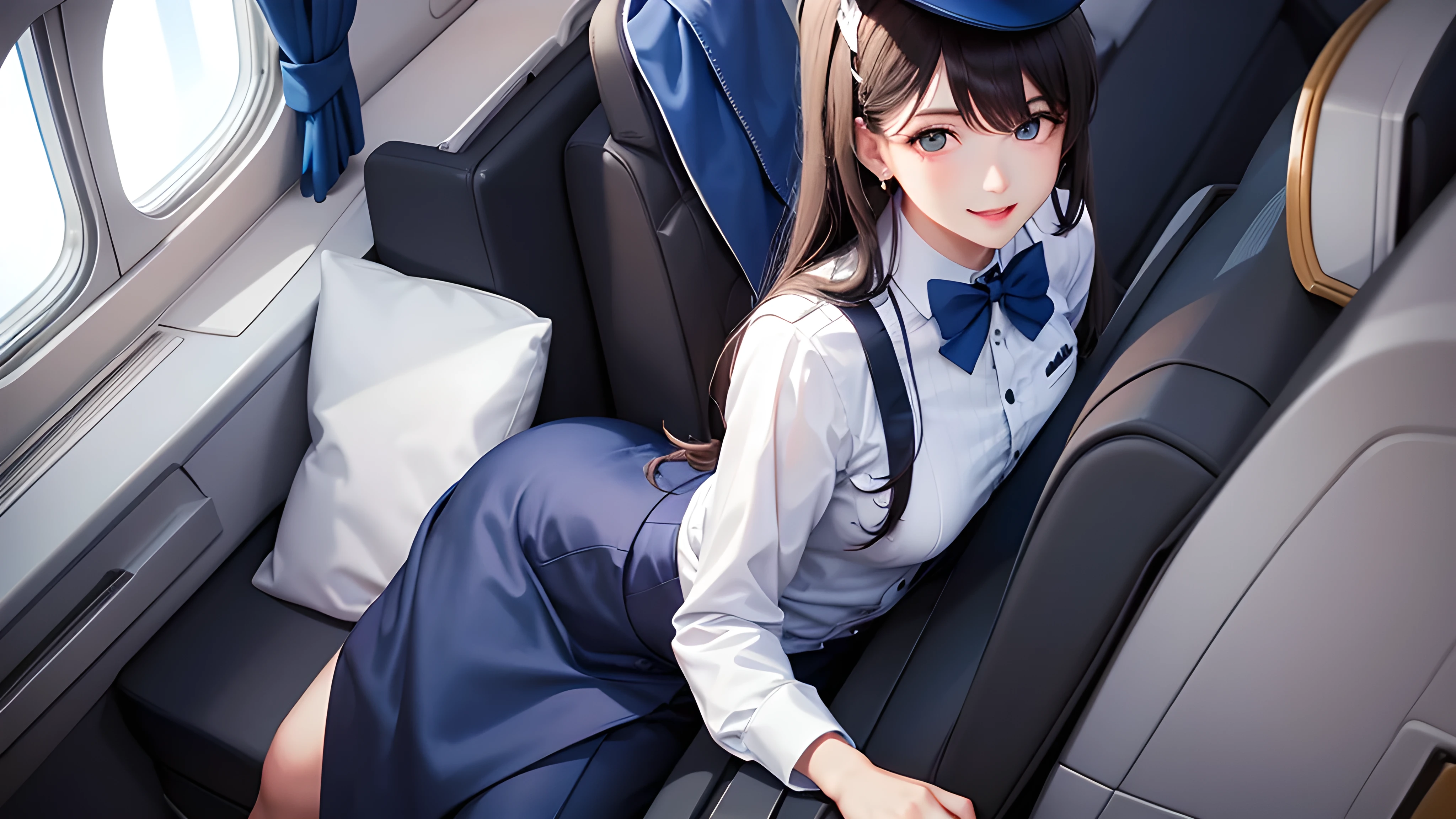 Illustration of a flight attendant with long hair, big eyes, and a friendly smile. Flight attendants wear dark blue with white accents., Includes a white shirt and a bow tie. Gold buttons on，The flight attendant wore a matching navy blue hat，It has gold details on it. The background should be the interior of the aircraft cabin, Visible seats, Windows, Overhead luggage compartment, Suggests that the waiter is in a working environment.
