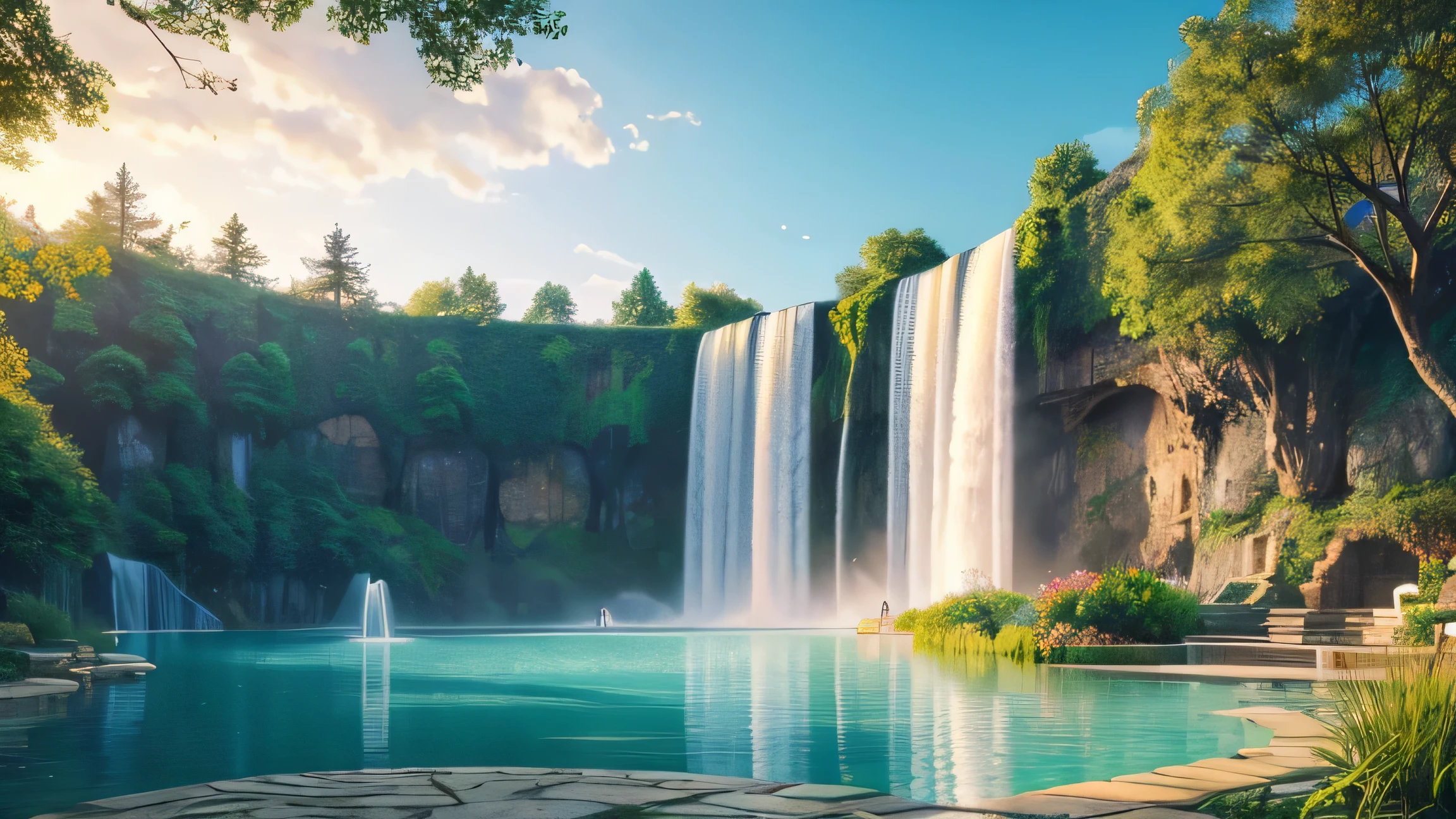 (Realistic, Photorealistic:1.4), Beautiful illustration, , high land, Lake side , Floating Fountain, floating water fall