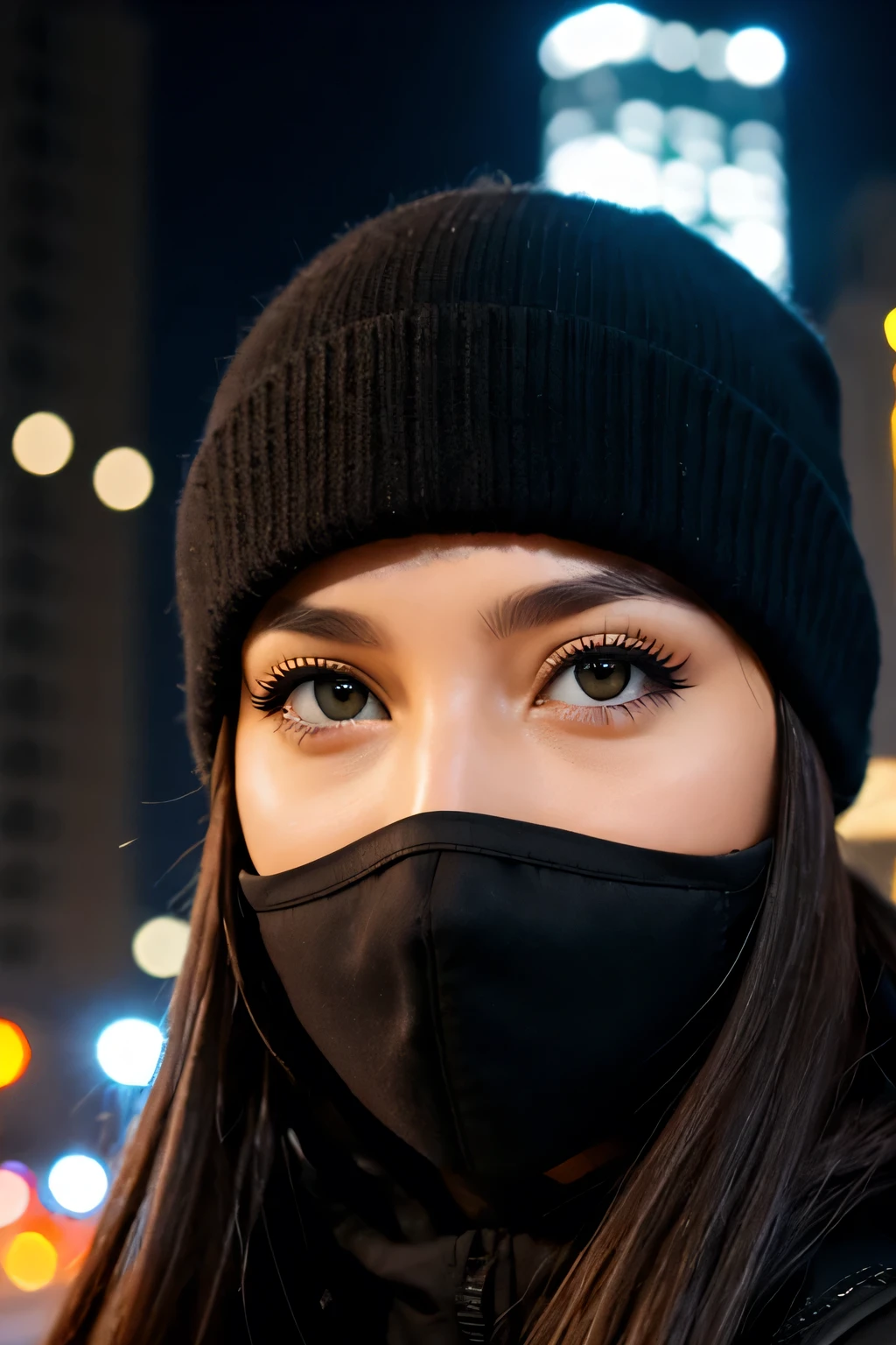 Black 3-hole cap , black ski mask , and women, white eyes, only the face part, background with lights and in the city, blurred background