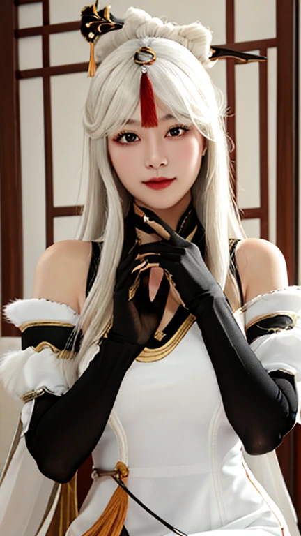 {ningguang_genshin:1.15}, hair_ornament, long_hair, bangs, white_hair, red_eyes, parted_bangs, tassel, breasts, smile, hairpin, sidelocks, hair_stick, very_long_hair, 1girl, black_gloves, china_dress, chinese_clothes, claw_ring, detached_sleeves, dress, elbow_gloves, gloves, white_dress, bare_shoulders, fur_collar, fur_trim, shot on leica, square face shape, woman in her early 30s, natural proportions, intricate details, masterpiece, best quality, 8k, detailed skin texture, detailed cloth texture, beautiful detailed face, ultra detailed, looking_at_viewer, Best quality, masterpiece, ultra high res, (photorealistic:1.4), raw photo, solo, Chinese girl