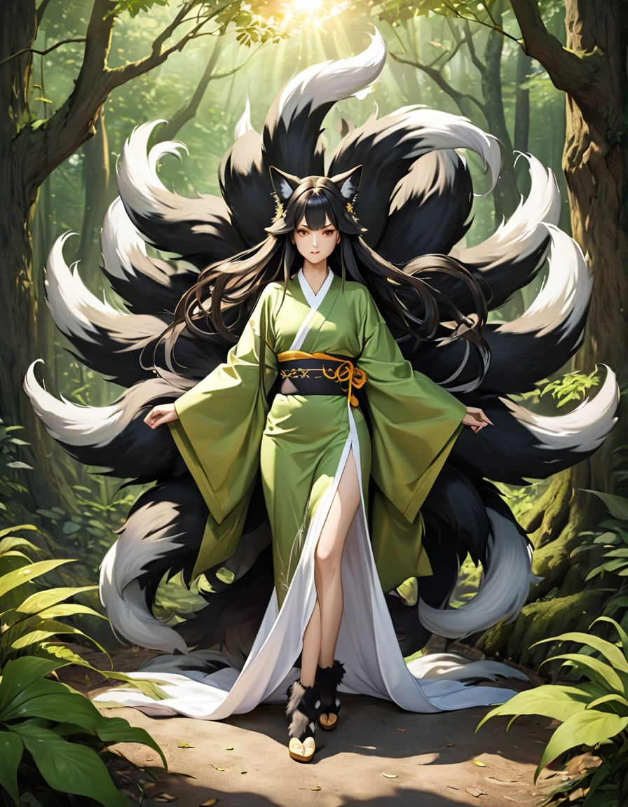((full body shot at distance)) , (((1girl))), (realistic fox-girl with black hair and nine tails) , (nine tails with black fur:2.0 ) , (image centered on subject with her tails spread behind her:1.5) , (anatomical perfect), (beautiful human face, high cheekbones, green eyes fox ears) , (very detailed green and gold ankle length kimono with a loose fit:1.5 ) , inspired by Sugimura Jihei, delicate and fine, (tentacles:fox tails:0.5), white form, inspired by Sōami, jormungand, mystical creatures, realistic, ultra detailed, dynamic pose, sunrise lighting, detailed forest background
