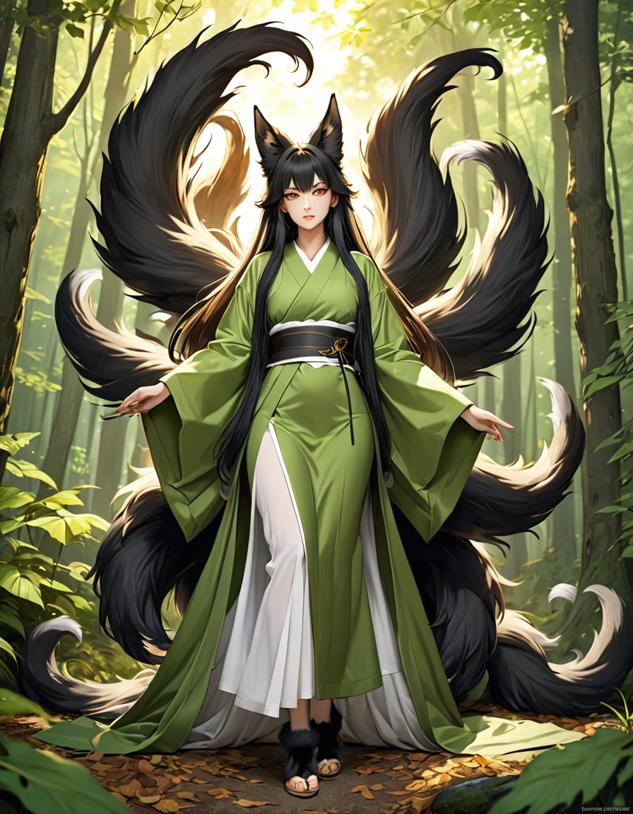 ((full body shot at distance)) , (((1girl))), (realistic fox-girl with black hair and nine tails) , (nine tails with black fur:2.0 ) , (image centered on subject with her tails spread behind her:1.5) , (anatomical perfect), (beautiful human face, high cheekbones, green eyes fox ears) , (very detailed green and gold ankle length kimono with a loose fit:1.5 ) , inspired by Sugimura Jihei, delicate and fine, (tentacles:fox tails:0.5), white form, inspired by Sōami, jormungand, mystical creatures, realistic, ultra detailed, dynamic pose, sunrise lighting, detailed forest background