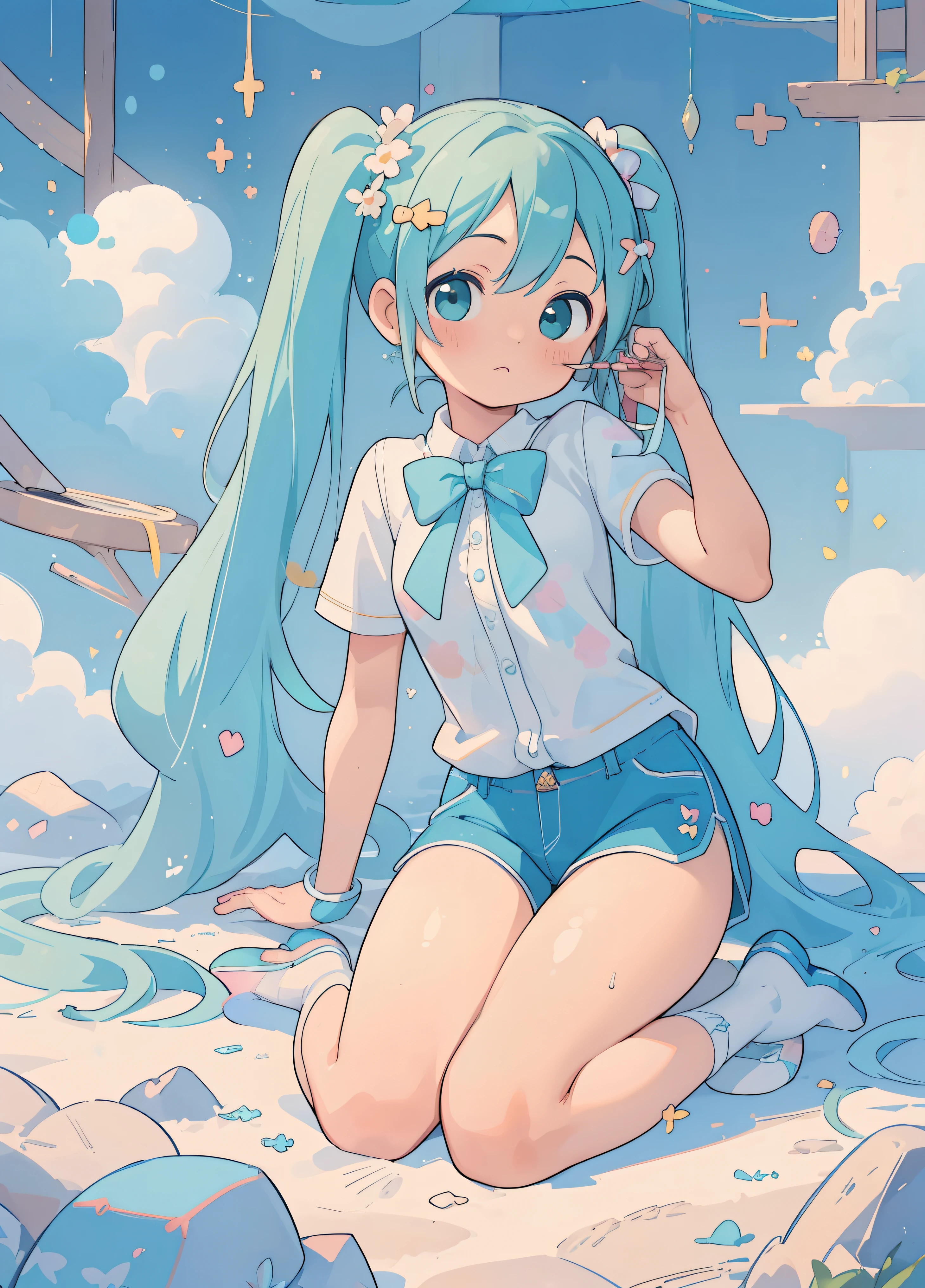 (masterpiece、Highest quality、Highest quality、Official Art、Beautiful and beautiful:1.2)、(One Girl:1.3)hatsune miku、Twin tails,Beautiful breasts,Highest quality、masterpiece、、(Adventurer、archeology)、Shorts、キュロットShorts、pretty girl、、Full body portrait