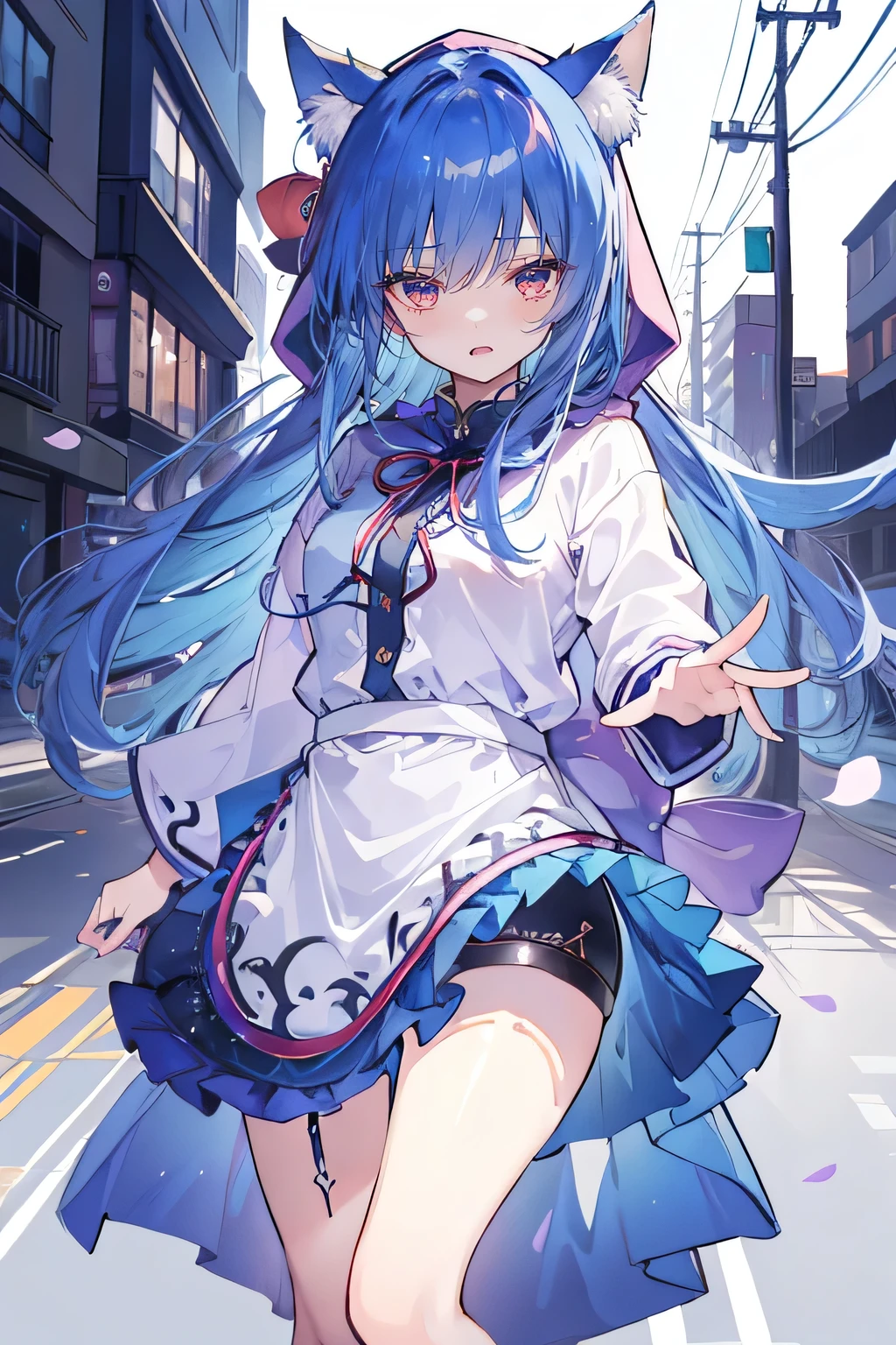 (masterpiece:1.2),Super detailed,lifelike,Expressive eyes,fair skin,perfect face shape,1 girl,
Japanese comics,Gorgeous blue hair,flowing blue hair,flowing clothes,Cat ears,Petals fall,beautiful lola,Baby Angel,
Shaking head with one hand,Cross your legs,smile, wearing hoodie,snowing,City streets。