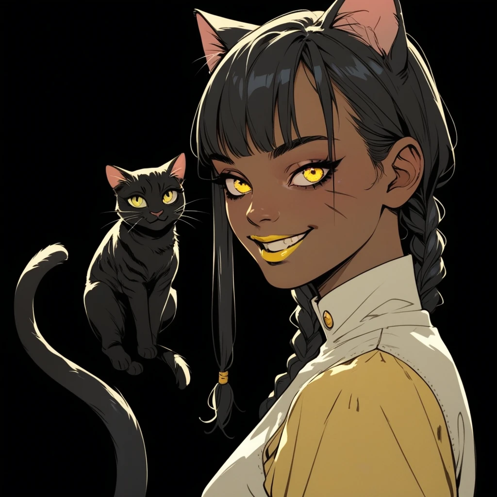 (score_9, score_8_up), score_7_up, zPDXL, Asian, thick, Cat-like girl, Cat ear, double braided hair, Straight bangs with yellow ends, black hair with yellow tips, yellow lipstick, yellow eyes, dark skin, lively smile, tail, very short Yellow blouse, black background, film grain, cowboy shot sinozick style