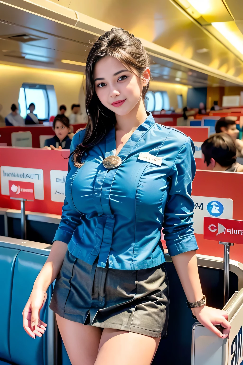 (best quality,4k,highres),ultra-detailed,realistic,cosplay, stewardess uniform, in the airport, (crowded:1.5), unbutton clothes, unbutton t-shirt, mini skirt, skirt lift up, open legs,beautiful woman,(big breasts:1.5), show nipples detailed, dark hairy pussy, pubic hair,vivid colors,portrait,soft lighting