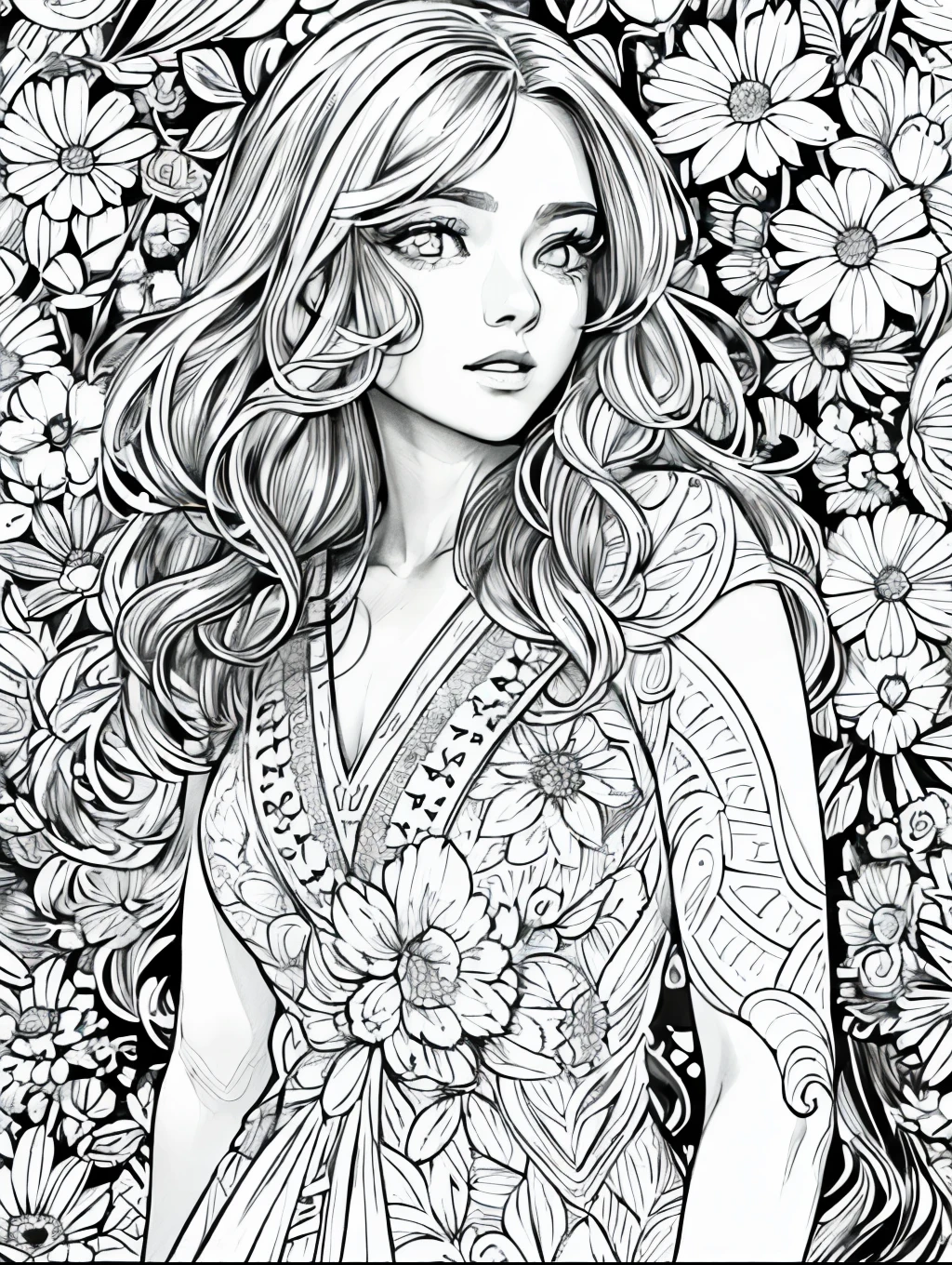 (Black and white coloring book:1.5), line drawings, masterpiece, best quality, ultra-detailed, high resolution, Very detailed face, (Eyes clear and distinct lines), Hair is white color, Full body shot, Woman in floral dress for a light and airy spring garden party, Hyper detailed crisp black line draw, ((simple white color))