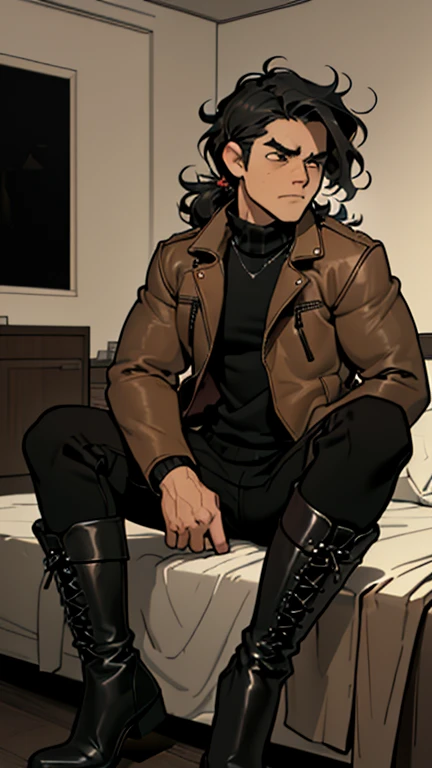 (detailed), (((normal guy))), (arab features), ((brown sheepskin jacket)), ((black curly hair loose hair)), (sad face), ((by the wide)), ((tall black boots)), (((Whole body))), ((sitting on the bed in a room)), ((male)), (black turtleneck sweater), ((only one person)), (at night), ((poorly lit room)), ((((dark room)))), (black cloth cap)