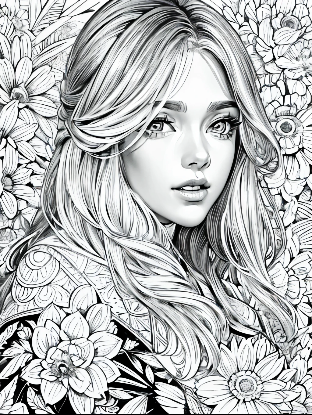 (Black and white coloring book:1.5), line drawings, masterpiece, best quality, ultra-detailed, high resolution, Very detailed face, (Eyes clear and distinct lines), Hair is white color, Full body shot, Woman in floral dress for a light and airy spring garden party, Hyper detailed crisp black line draw, ((simple white color))