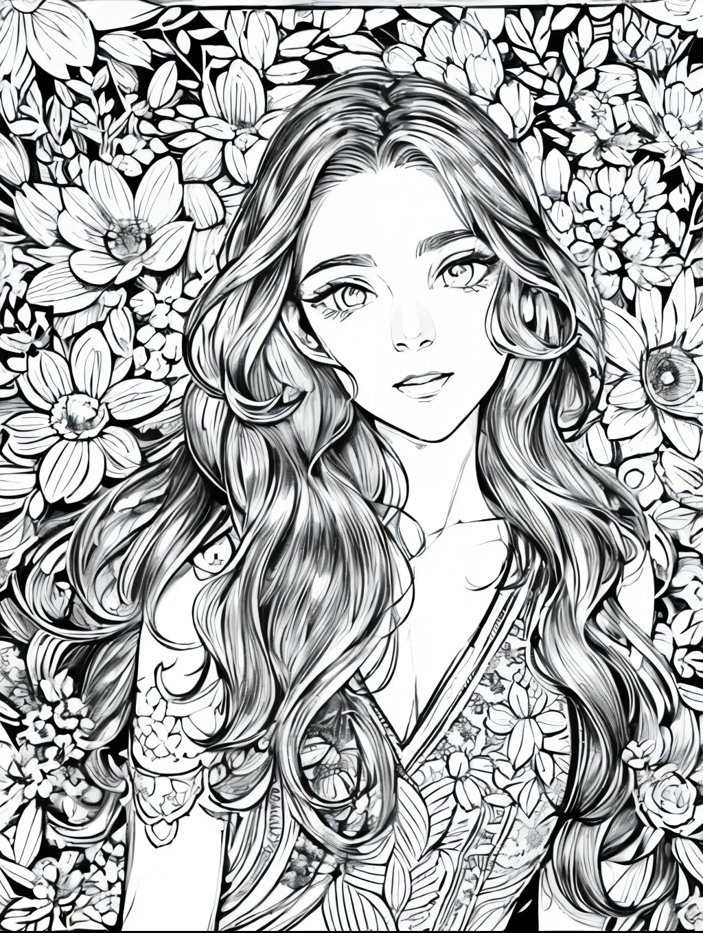 (Black and white coloring book:1.5), line drawings, masterpiece, best quality, ultra-detailed, high resolution, Very detailed face, (Eyes clear and distinct lines), Hair is white color, Full body shot, Woman in floral dress for a light and airy spring garden , Hyper detailed crisp black line draw, ((simple white color))