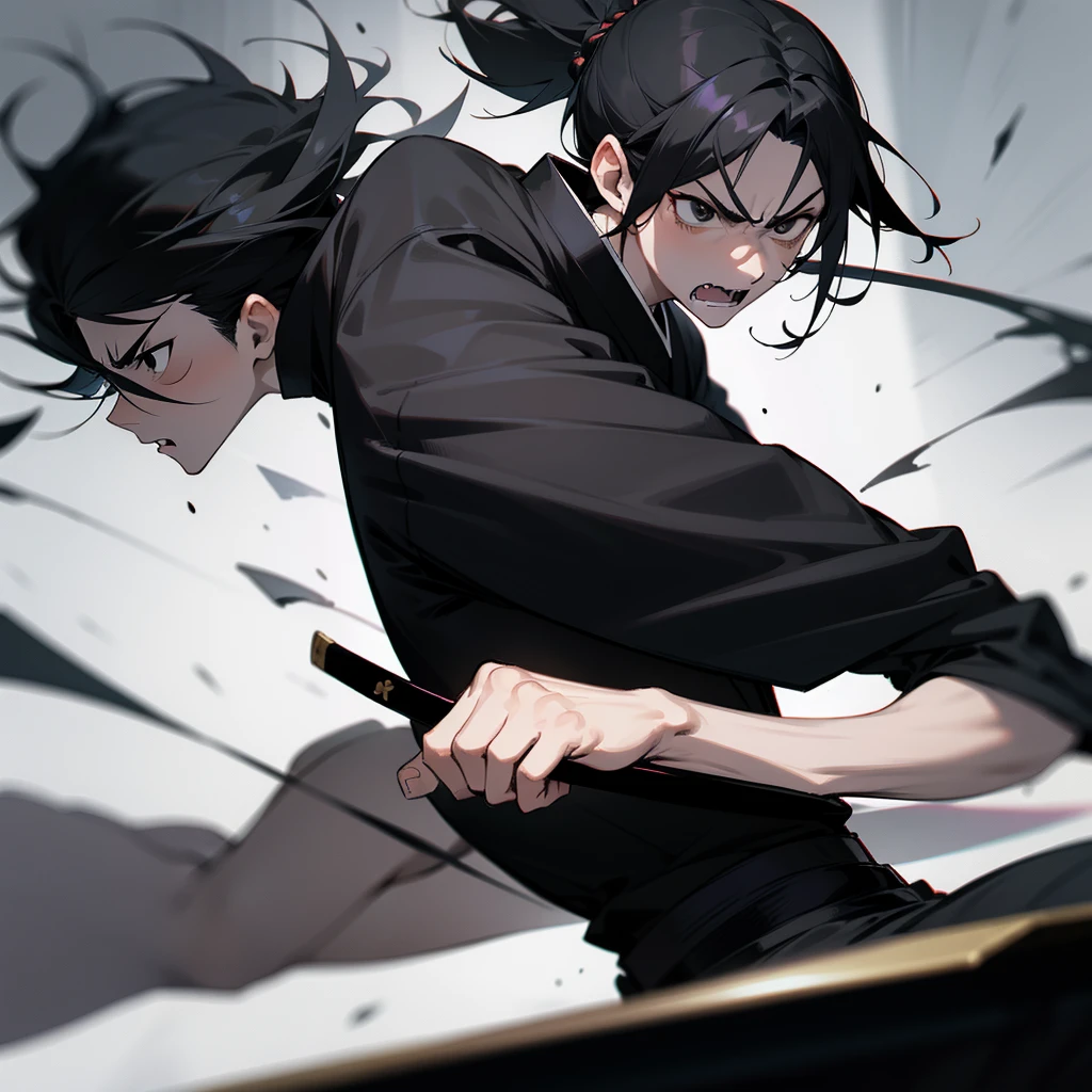 HOMEM MASCULINO, black short ponytail hair, black eyes, black kimono, black katana, angry expression, battle pose, slightly muscular body