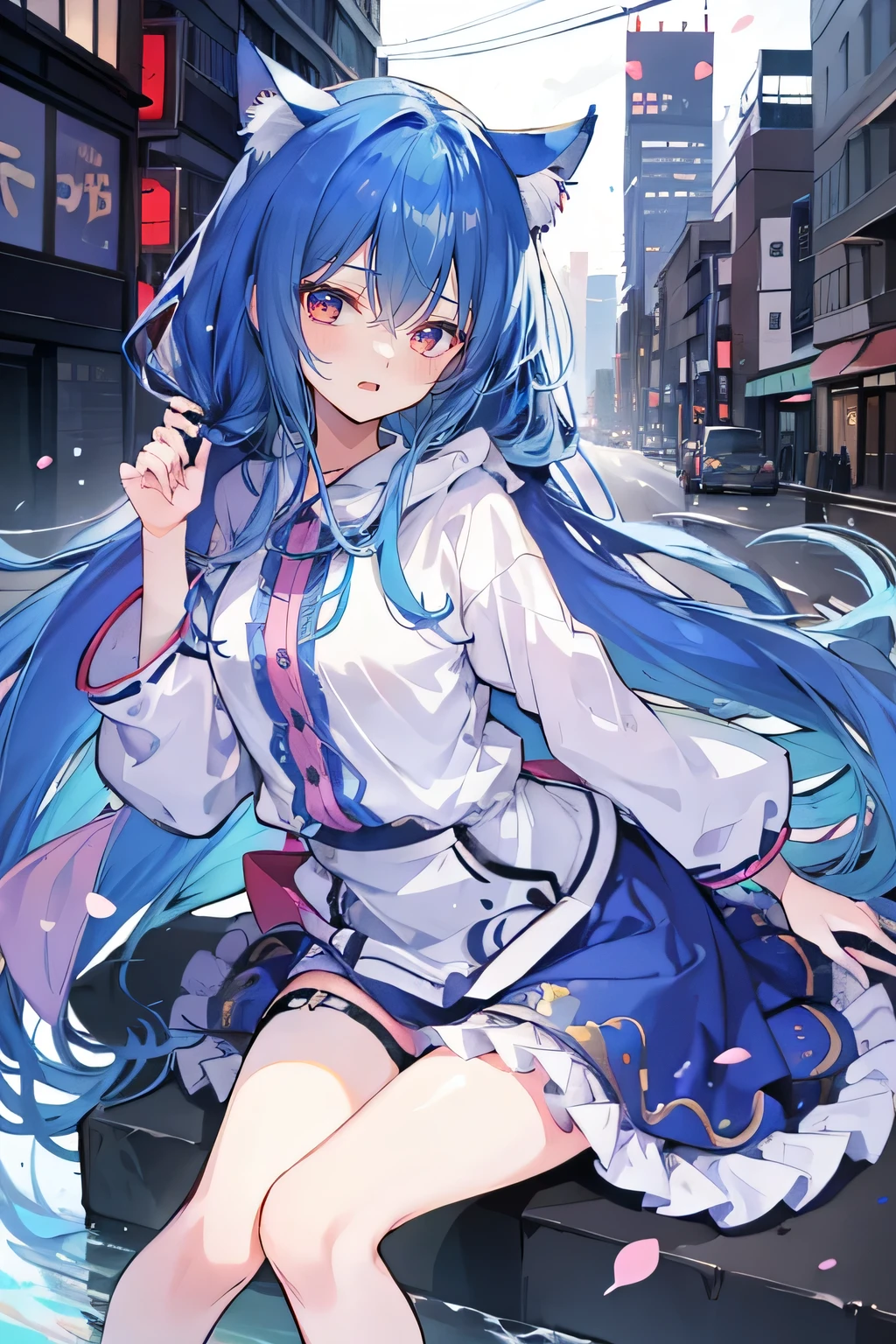 （masterpiece：1.2），Super detailed，lifelike，Expressive eyes，fair skin，perfect face shape，1 girl，
Japanese comics,Gorgeous blue hair,flowing blue hair,flowing clothes,Cat ears,Petals fall,beautiful lola,Baby Angel,
Shaking head with one hand，Cross your legs，smile, wearing hoodie,snowing，City streets。