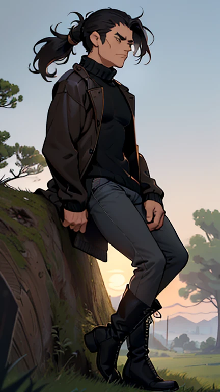 (detailed), (((normal guy))), (Arabic characteristics), ((brown sheepskin jacket)), ((pelo negro rizado ponytail hairstyle)), ((ponytail hairstyle)), (calm face), ((by the width)), ((black high boots)), (((whole body))), ((in the middle of a field leaning on a tree), ((male)), (black turtleneck sweater), ((only one person)), (at night)