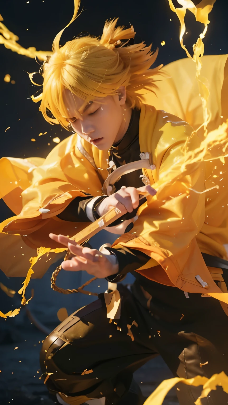 Zenitsu, demon slayer, male, yellow hair, closing eyes, angry face, yellow clothes, handled yellow sworld, yellow lighning effect:1.5, light effect:1.2, detailed face, detailed hand, ultra-realistic, ultra-detailed, bestquality, masterpiece.