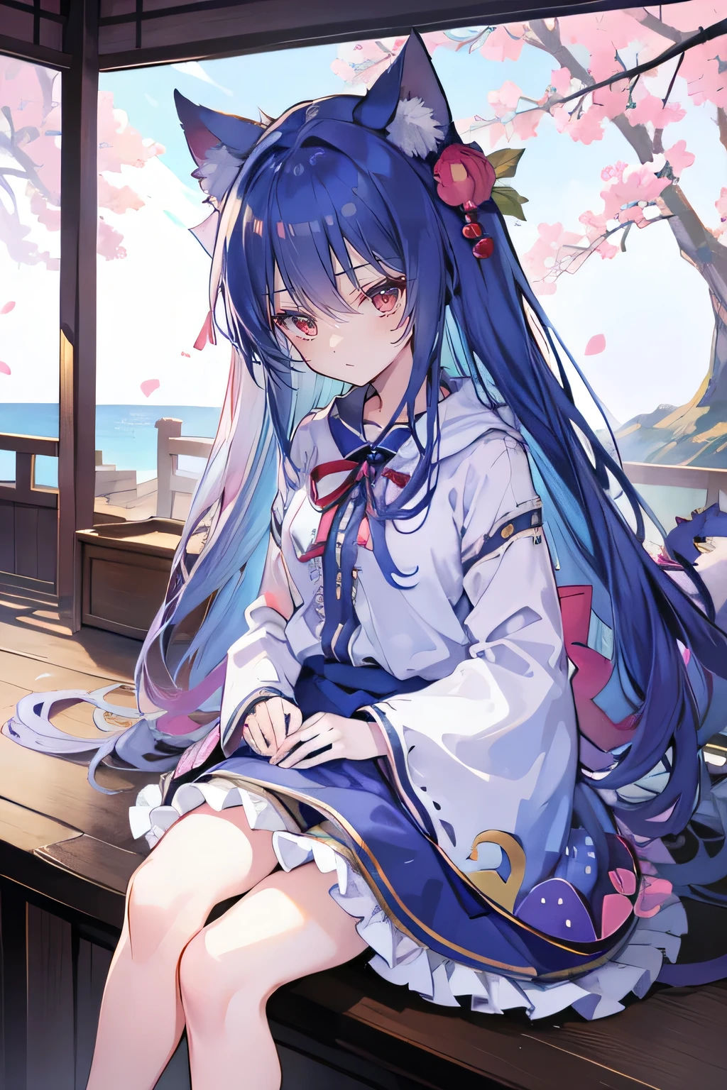 (masterpiece:1.2),Super detailed,lifelike,Expressive eyes,fair skin,perfect face shape,1 girl,
Japanese comics,Gorgeous blue hair,flowing blue hair,flowing clothes,Petals fall,beautiful lola,Baby Angel,
Shaking head with one hand,Cross your legs,Gentle and peaceful background,The pavilion is cool and comfortable,smile, wearing hoodie, background of tokyo,back views,snowing, winter,lie on the water.