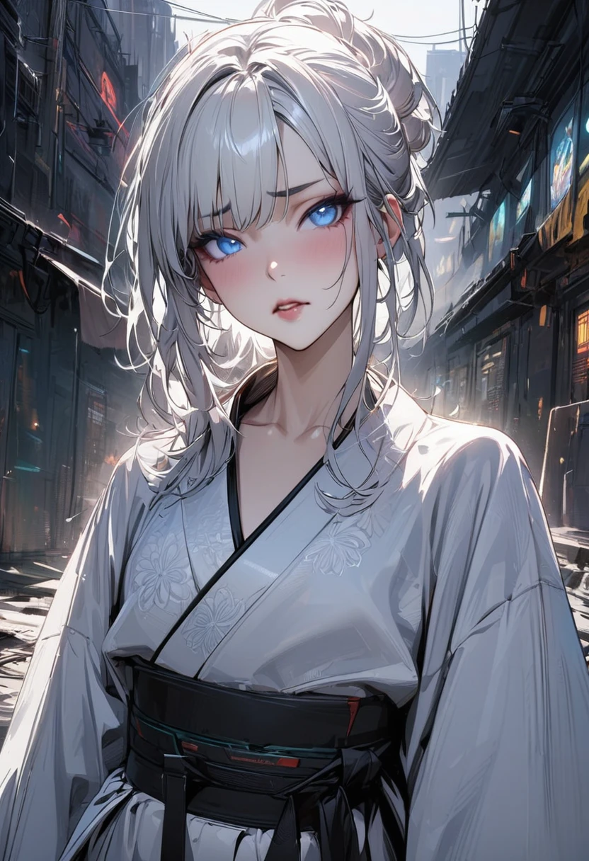 Young girl with white hair and blue eyes, indifferent expression, queen style, cyberpunk, wearing Japanese kimono, high quality masterpiece, high details 