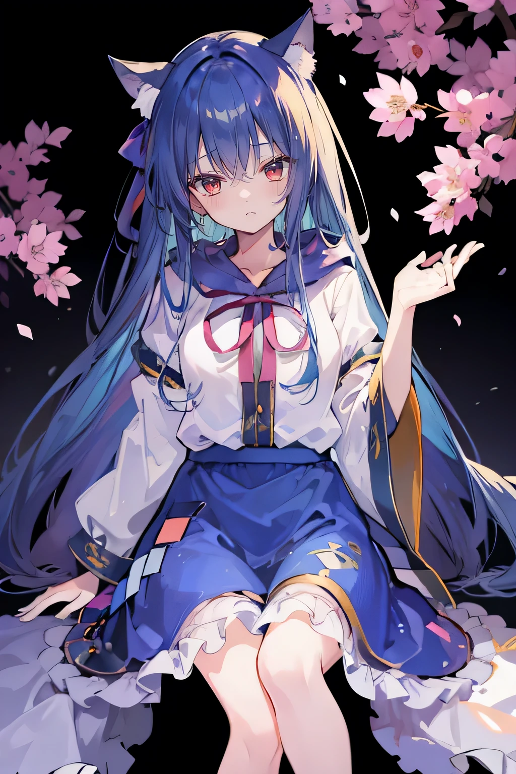 A masterpiece, super detailed, lifelike, expressive eyes, fair skin, perfect face shape, 1 girl, Japanese comics, gorgeous blue flowing hair, flowing clothes, cat ears, petals fall, beautiful loli, baby angel, crossed legs, gentle and peaceful background, the pavilion is cool and comfortable, smiling, wearing a hoodie, background of Tokyo, back views, snowing, winter