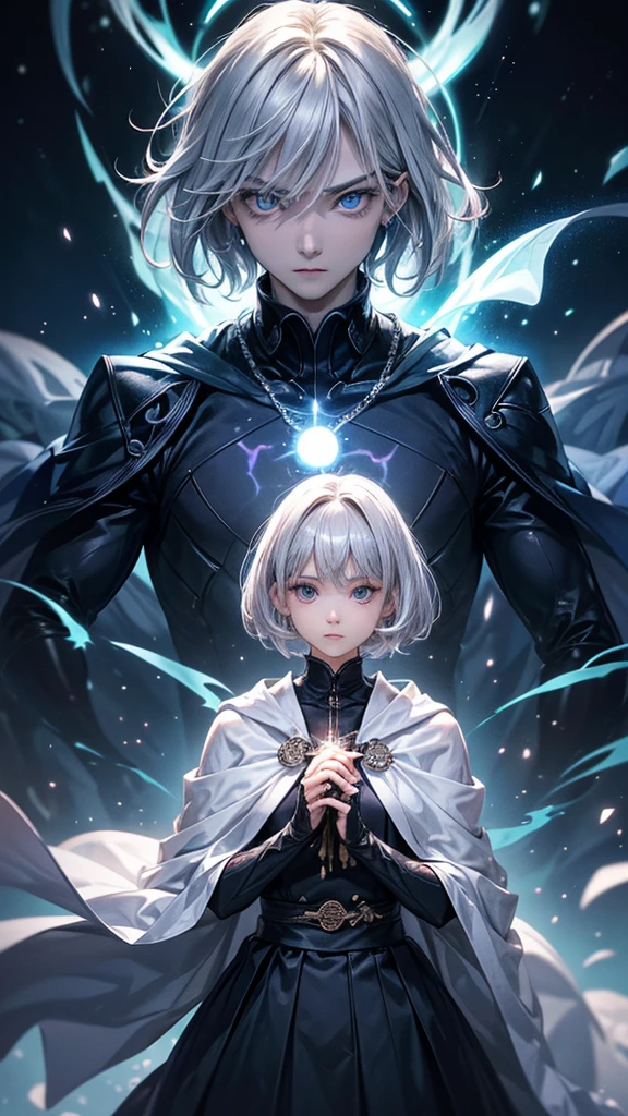 (Highest quality,Very detailed,High resolution:1.2),One adult male,Silver Hair,The most beautiful young man in human history,(1 photo from the front)、Dark blue eyes (Dark blue eyes:1.1),さみし気なaura(aura:1.1),(mysterious,Ghostly:1.1) atmosphere,Looks like half a demon,(Demonic traits,Demonic traits),(Elaborate,wonderful) ,Strong body、Shortcuts、Use magic、auraが漂う、Cape、Powerful、Confident expression、Are standing、Very Short Hair、Throws glowing blue fireballs