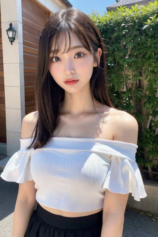 (masterpiece:1.3), (8k, Realistic, RAW Photos, Best image quality: 1.4), Mid-chest、(Highly detailed face)、Eye for detail、Attention to detail、double eyelid、((Sharp focus:1.2))、One pretty woman:1.4、25 year old woman、Standing posture、((Black Hair))、Ultra-high resolution、super high quality、Symmetrical face、Photo level、The face is very realistic、Detailed skin、Extremely realistic skin、Realistic light and shadow effects、Professional Lighting、Off-the-shoulder T-shirt、Belly button、((Angle from waist up))、((outside、Town))
