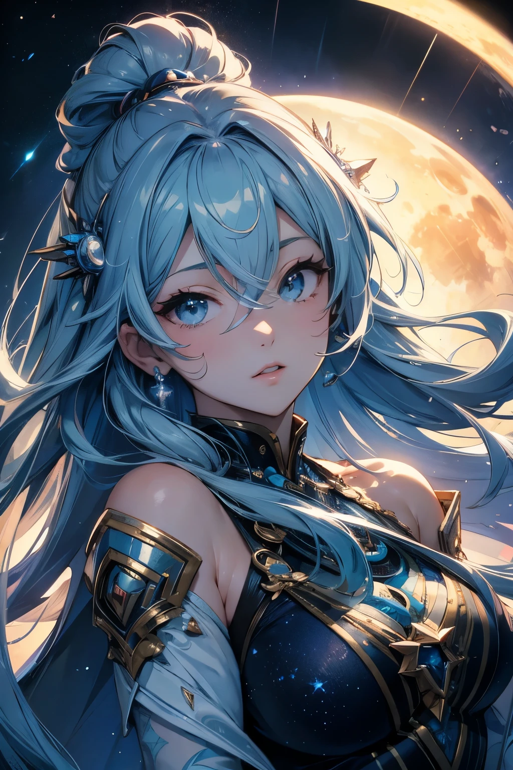 、High resolution、High resolution、8k、The background is the moon and Neptune。Being in space。Masterpiece 2:1、、Charming goddess、