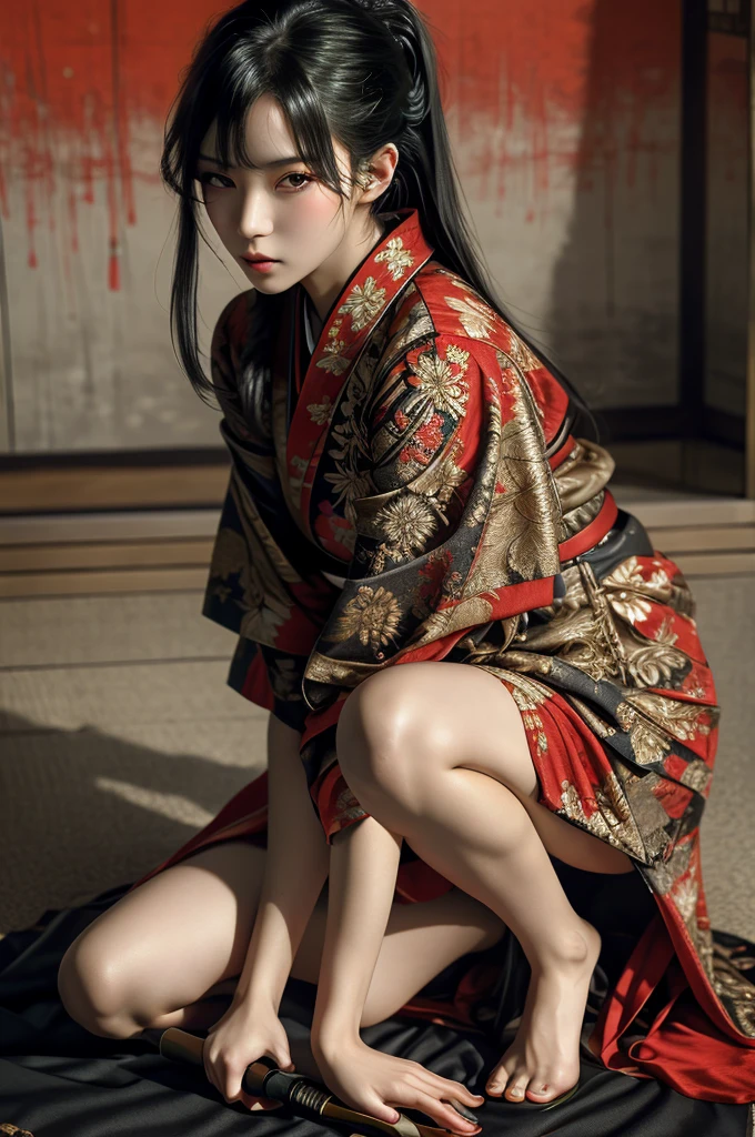 Ultra-high resolution,((masterpiece))),(((Highest quality))),((Very detailed)),((Very delicate and beautiful)), Beautiful 20 year old Japan girl,One girl,alone,One kneeを立てる,Long black hair, No bangs,knife,長いknifeを握っている,One knee,Long Hair,black eye,View your viewers,Traditional Japanese Clothing,Red, black and gold kimono, (Serious expression:1.3),(whole body:1.2),The background is a Japanese castle, SakuraFubuki