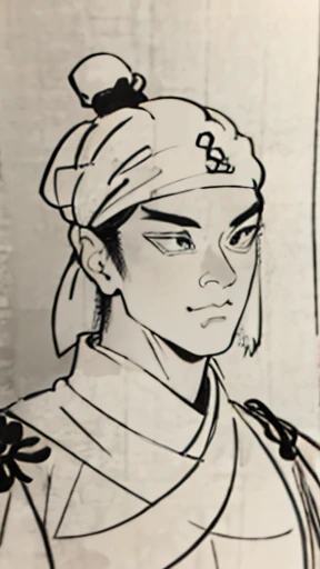 (((Monochrome)))、(((Ink Painting)))、((Line art))、Ancient Chinese man in armor、(Ancient Chinese hairstyle for men in white knitted hat)、As seen in the Romance of the Three Kingdoms々military commander、Highest quality、masterpiece、Ultra-high resolution、(Realistic:1.4)、Game Poster、Crisp and beautiful image quality、Embroidered cloth wrapped around a topknot、whole body , (Very detailed, bloom:1.5), (analog:1.2), (Dynamic Short Hair),Dark Eyes、