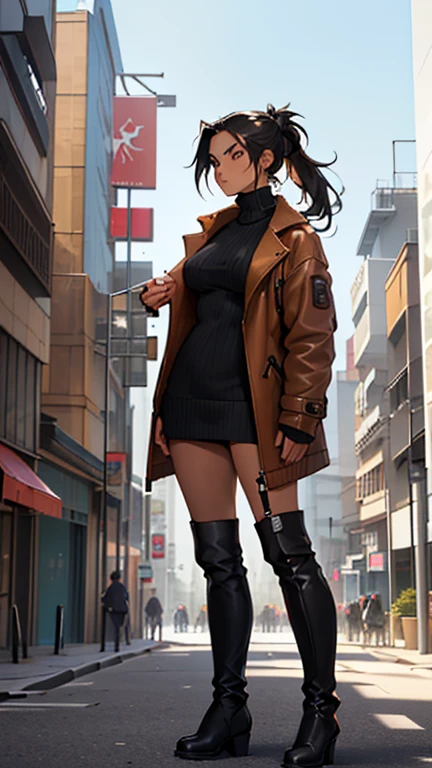 (detailed), (((normal girl))), (Arabic characteristics), ((brown sheepskin jacket)), ((pelo negro rizado ponytail hairstyle)), ((ponytail hairstyle)), (calm face), ((by the width)), ((black high boots)), (((whole body))), ((in the middle of the city leaning on a building), ((woman)), (black turtleneck sweater), ((only one person)), (at midday)
