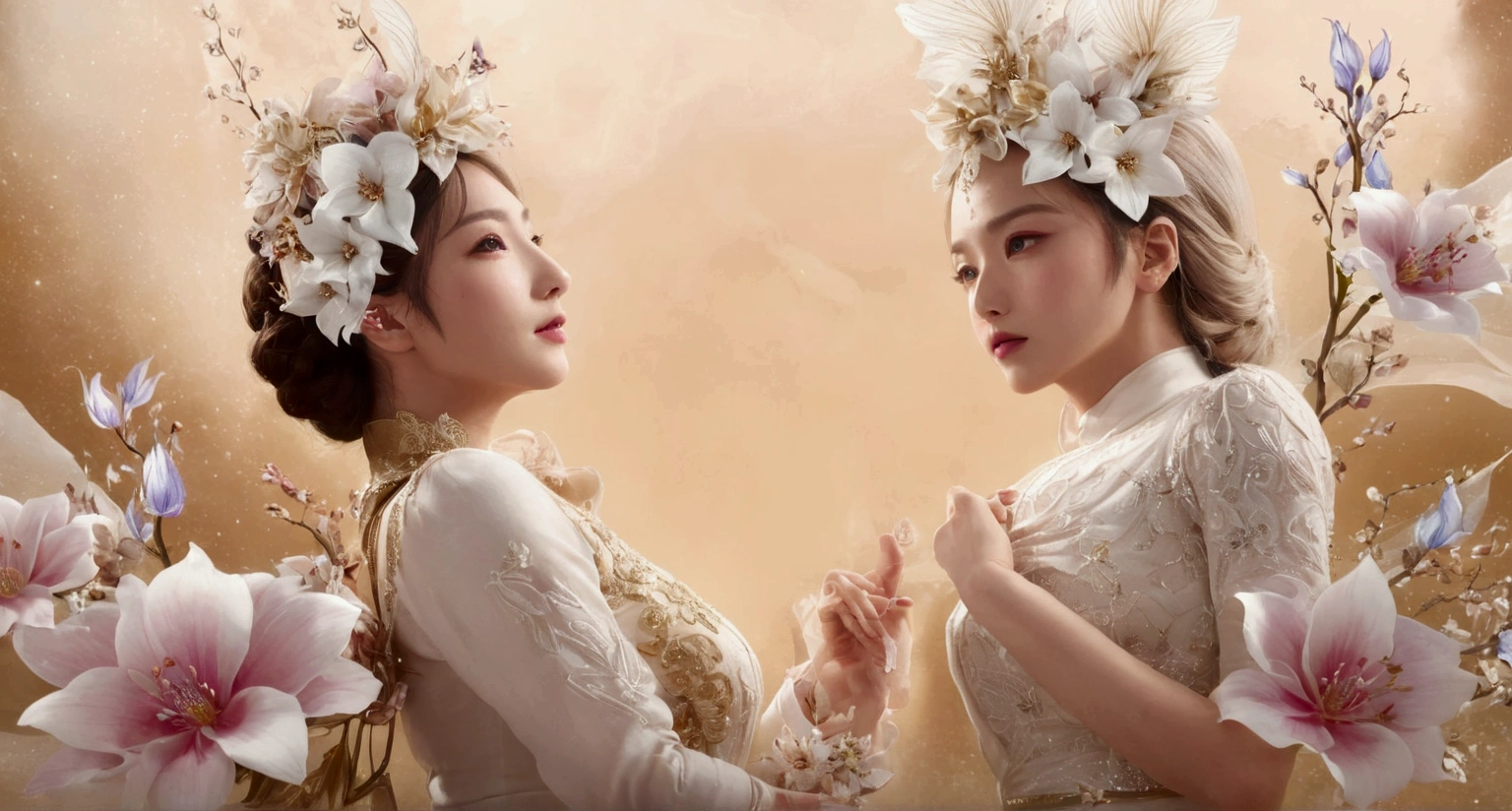 (masterpiece, Top quality, Top quality, Official Art, Beautiful and generous: 1.2), A banner image，Poster background board；This is a light gold poster.；Uniform color tone；Various large flowers，Crystal clear flowers（Bottom of the screen）；Variety show opening credits，visual impact。Main poster。8k，Dance class。