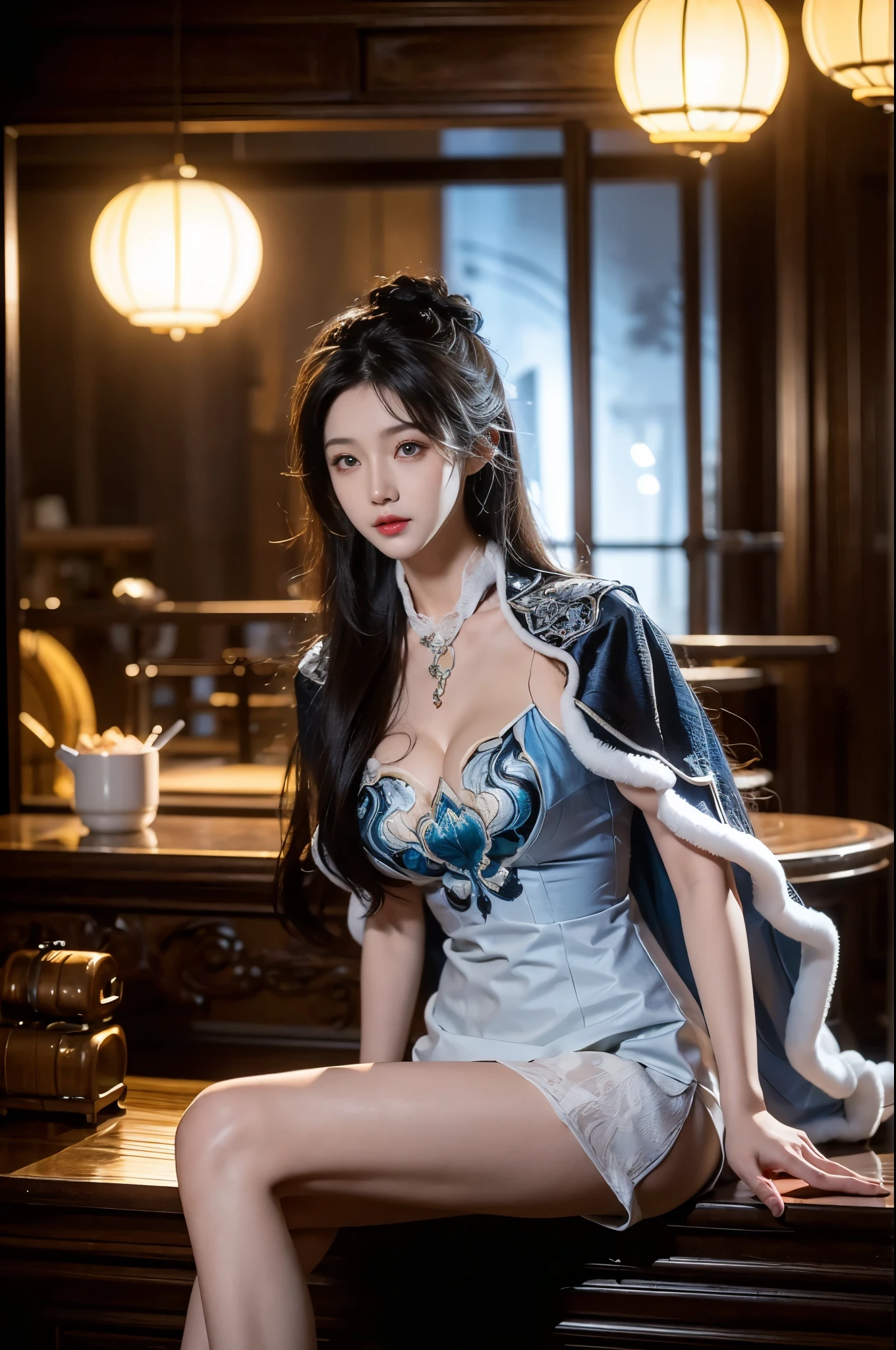 (whole body),1 beautiful woman,Clear facial details,Delicate facial features,Long flowing hair,((Visible cleavage)),Sexy slender legs,Sitting inside a mysterious coffee shop,8K resolution,masterpiece,grace,Combining Global Illumination with Film Lighting,3D Rendering,High quality fantasy movie style,Coffee shop environment,8K high quality,high resolution,Rich in detailysterious atmosphere,Crystal clear,Awesome,High Saturation,Smooth lines design,Intricate movie scenes,Rich in details,Cinematic visual effects。