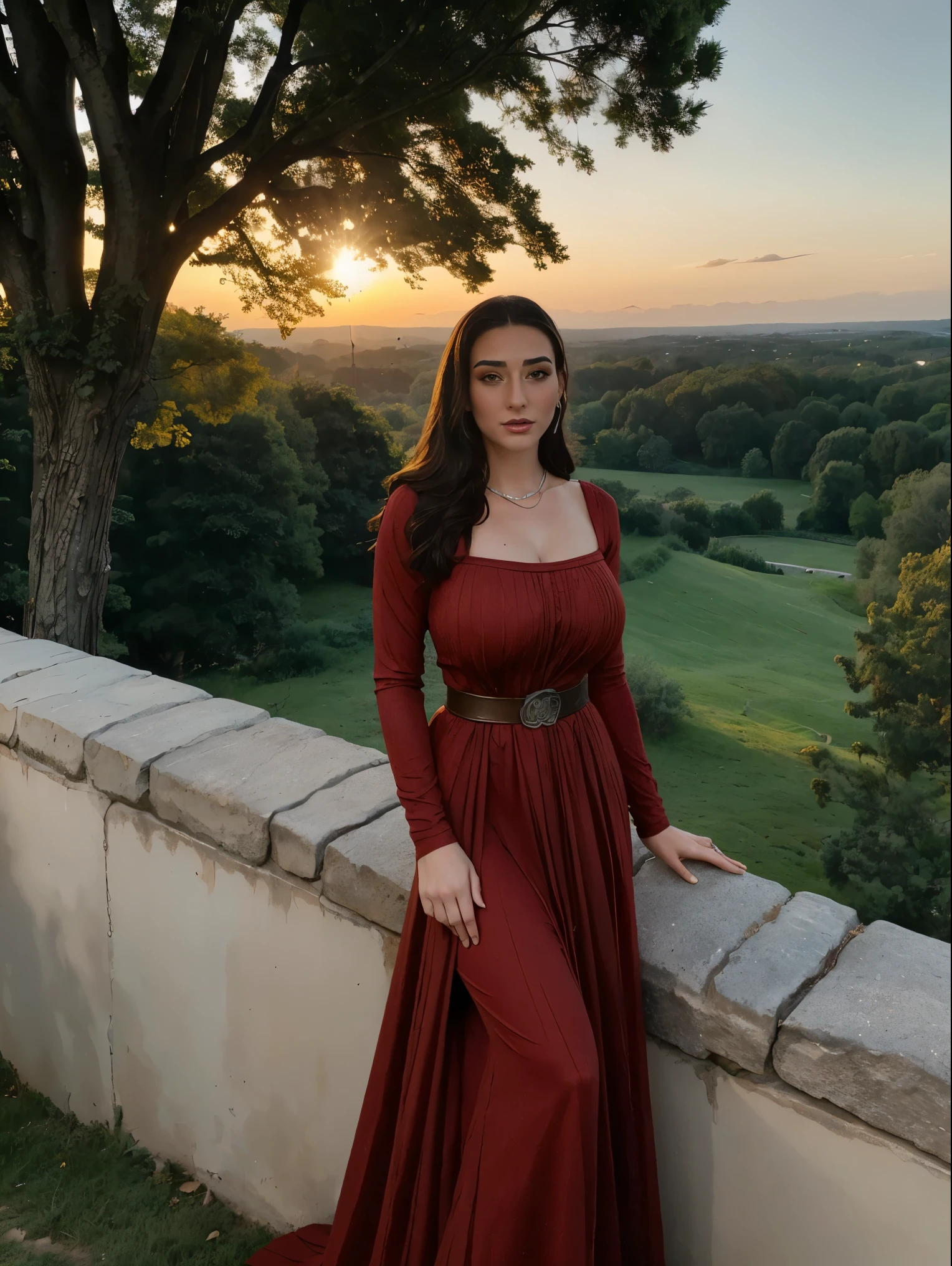 Gorgeous and sultry busty athletic (thin) brunette queen with sharp facial features wearing a modest updo, dark red medieval dress, long sleeves, intricate patterns, scrollwork, wide neck, crown, veil, long dress, modest dress, tight bodice, silver belt, (waist chain), medieval jewelry, Middle Ages, castle, rampart, wall, exterior, on top of a castle wall, trees, countryside, evening, sunset.