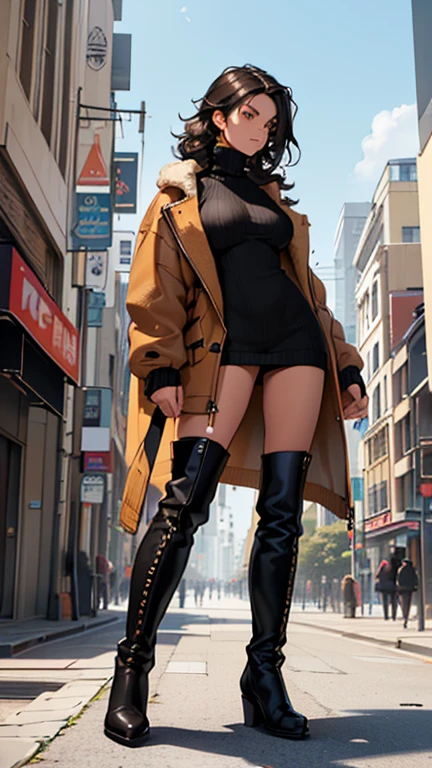 (detailed), (((normal girl))), (Arabic characteristics), ((brown sheepskin jacket)), ((pelo negro rizado free hair)), ((free hair)), (calm face), ((by the width)), ((black high boots)), (((whole body))), ((in the middle of the city leaning on a building), ((woman)), (black turtleneck sweater), ((only one person)), (at midday)