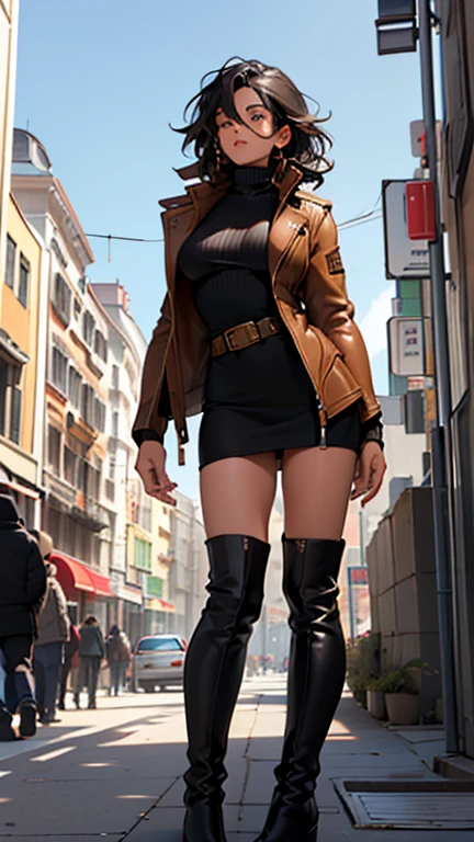 (detailed), (((normal girl))), (Arabic characteristics), ((brown sheepskin jacket)), ((pelo negro rizado free hair)), ((free hair)), (calm face), ((by the width)), ((black high boots)), (((whole body))), ((in the middle of the city leaning on a building), ((woman)), (black turtleneck sweater), ((only one person)), (at midday)