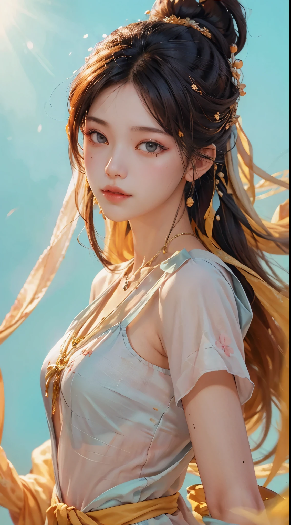 (RAW Photo, Best Quality), (Realistic, Photo Realistic: 1.3), Best Quality, Highly Detailed, Masterpiece, Hyperdetail, Illustration, 1 Girl, upper_body, Dynamic Angle, World Masterpiece Theater, messy_long_hair, Best Quality, Extremely Detailed CG Unified 8k Wallpaper, ink, Amazing, Cinematic Lighting, lens_flare, Chu Chu Touching,A kind face,A look of ecstasy,near-flat chest,Small Bust,Small breasts,A beautiful girl with a slim figure,Oriental Beautiful Girl,Light blue outfit,Light pink background,Suppress yellow,Beautiful nipples that can be seen from above,