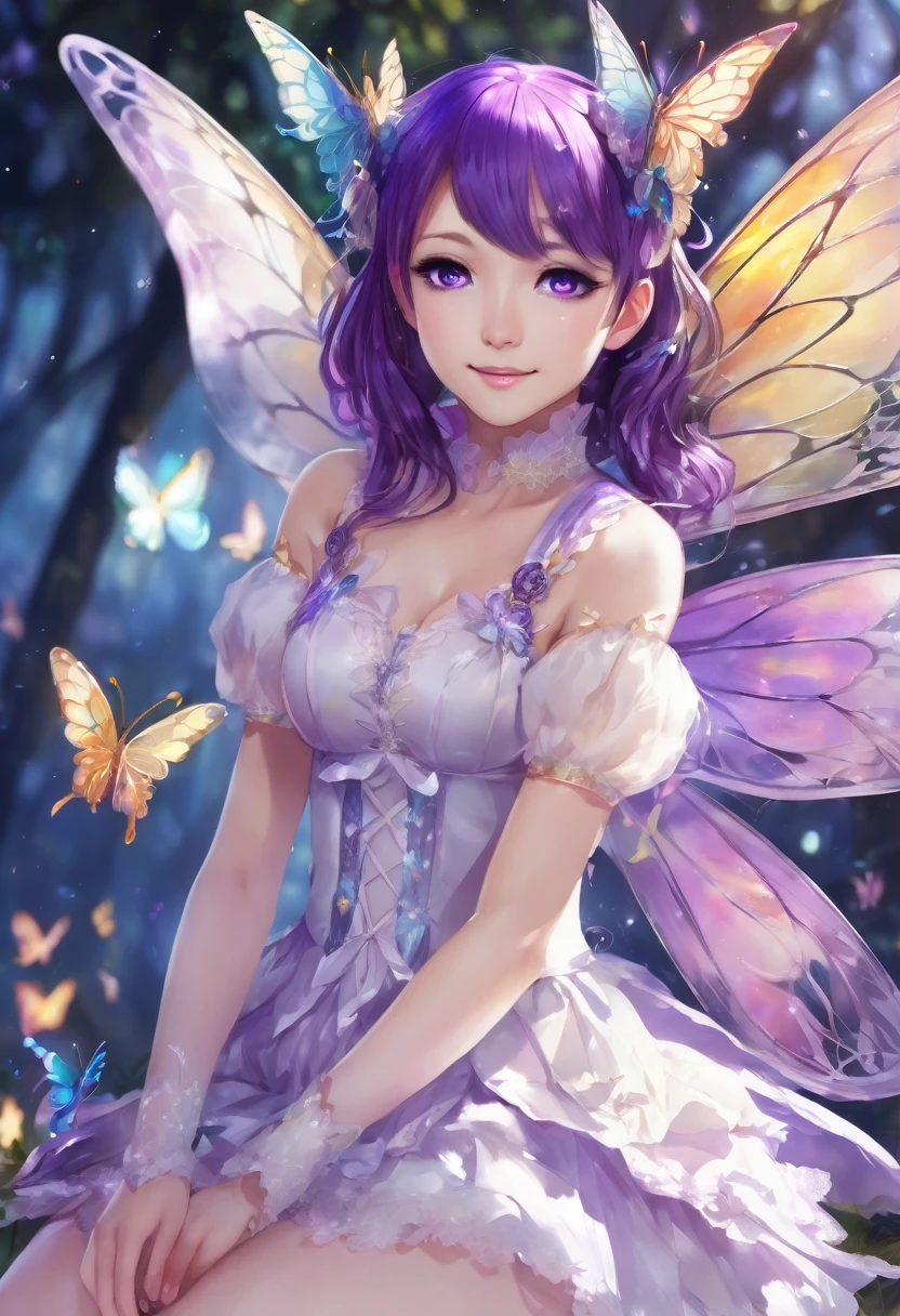 Close-up of a person in a fairy costume, by Shitao, pixiv contest winner, fantasy, purple eyes and white dress and stockings, smiling!!!! fantasy, butterfly, cutecore, my dress up darling hot anime, full protrait, official splash art, hd artwork, small curvy , medium portrait, hololive, beautiful queen, with wings