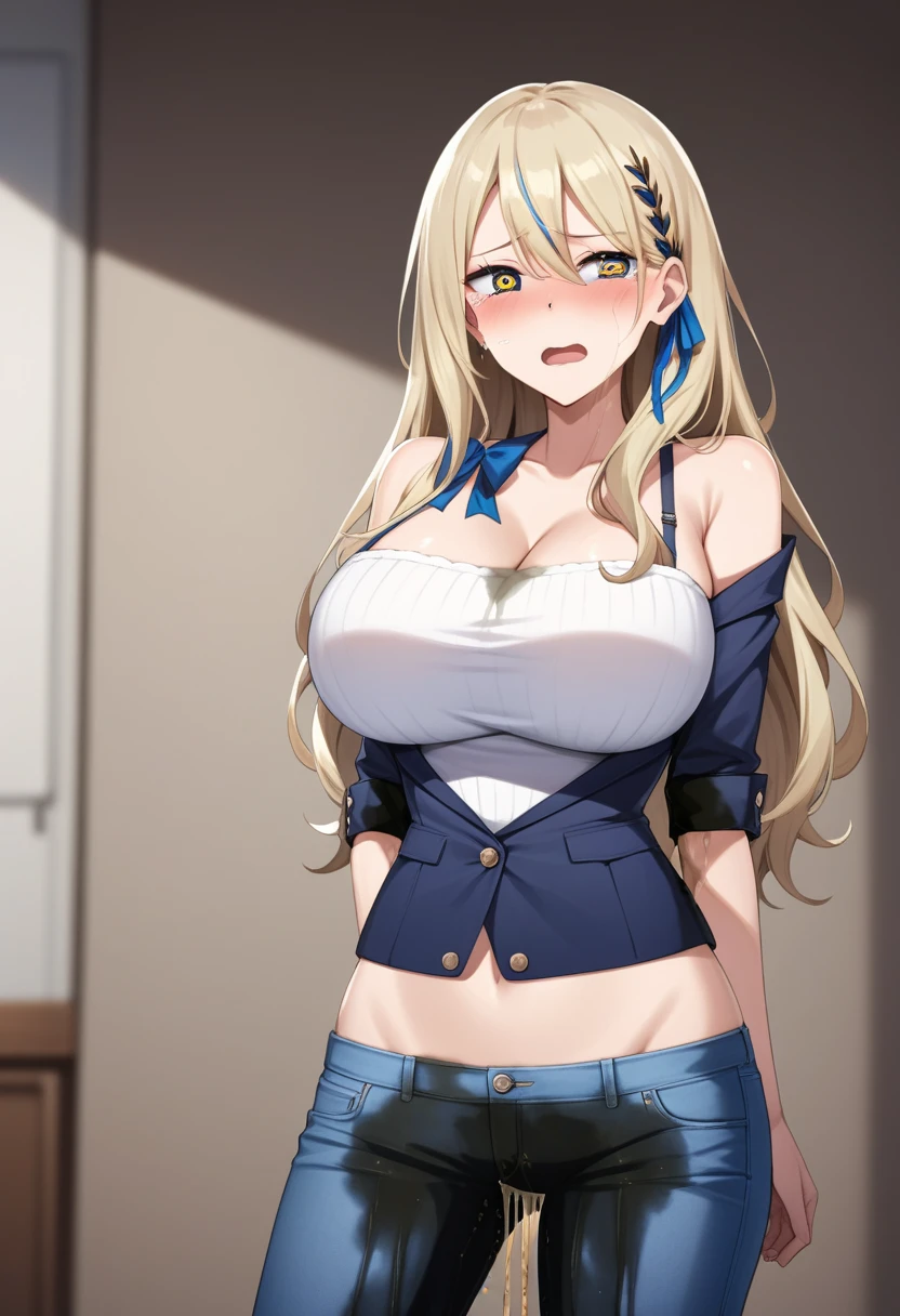 (high quality,Very detailed:1.37, High resolution), Woman, Serval Landau, jeans, large breasts, (wetting herself:1.5), (standing:1.5), embarrassed, humiliation, (sweating:1.5), (blushing:1.5), Meticulous details, (extremely detailed eyes:1.37)
