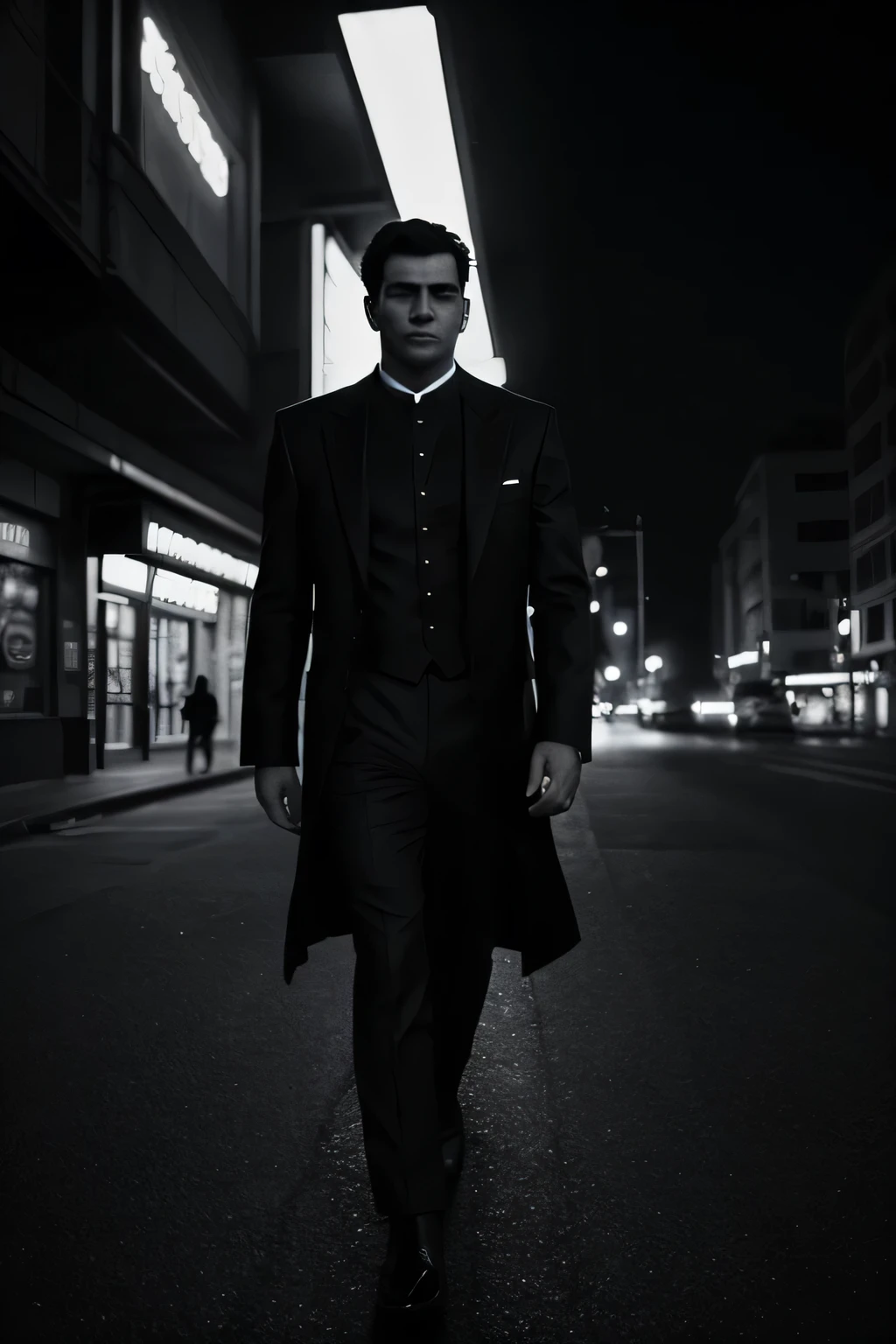 Man in costume, on the streets of a city, at night, with a reddish background, Photorealistic style, High contrast lighting, cinematographic image, 8k, maximum quality detail