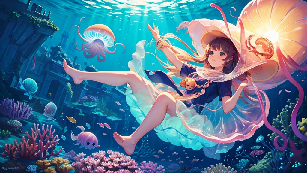 monkey riding a giant jelly fish, under the sea,