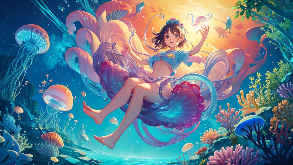 a beautiful nude mermaid with big messy hair, holds a conch shell up to the sun, full body, vibrant, colorful stardust and dynamic lighting, cute detailed digital art, colorful, digital fantasy art, digital fantasy art, glossy digital painting, pastel vibrant