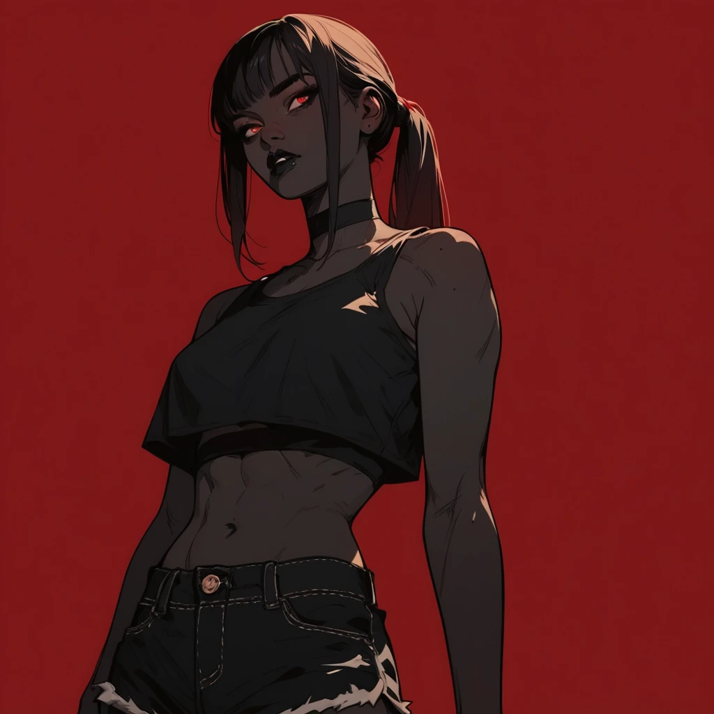 (score_9, score_8_up), score_7_up, zPDXL, Asian, thick, Straight bangs, red ponytail hair, black skin, black lipstick, dark red crop top, black shorts, Dark red background, film grain, cowboy shot sinozick style