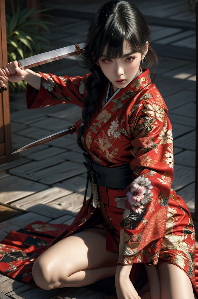 Ultra-high resolution,((masterpiece))),(((Highest quality))),((Very detailed)),((Very delicate and beautiful)), Beautiful 20 year old Japan girl,One girl,alone,Get on one knee,Beautiful and seductive legs, Long black hair, No bangs,knife,長いknifeを握っている,Long Hair,black eye,View your viewers,Traditional Japanese Clothing,Red, black and gold kimono, (Serious expression:1.3),(whole body:1.2),The background is a Japanese castle, SakuraFubuki:1.4