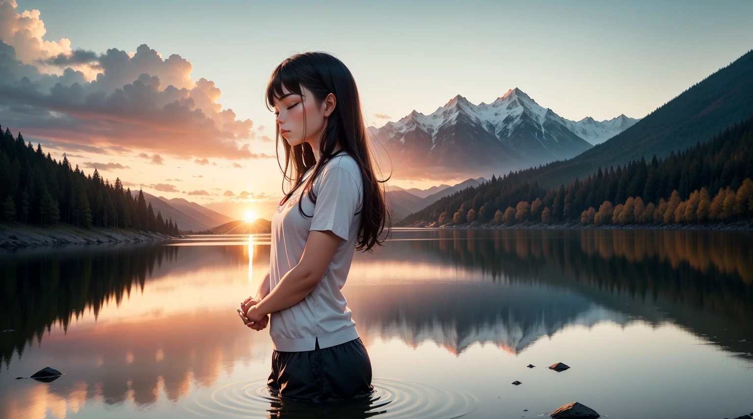 A breathtaking scene with a spectacular sunset over a calm lake surrounded by majestic mountains. En el centro de la imagen, a person stands with hands folded in prayer and eyes closed in deep meditation. Just above them, An artistic representation of God, surrounded by a divine aura of light, look with compassion at the person meditating. A luz dourada do sol poente banha a paisagem, creating a peaceful and spiritual atmosphere