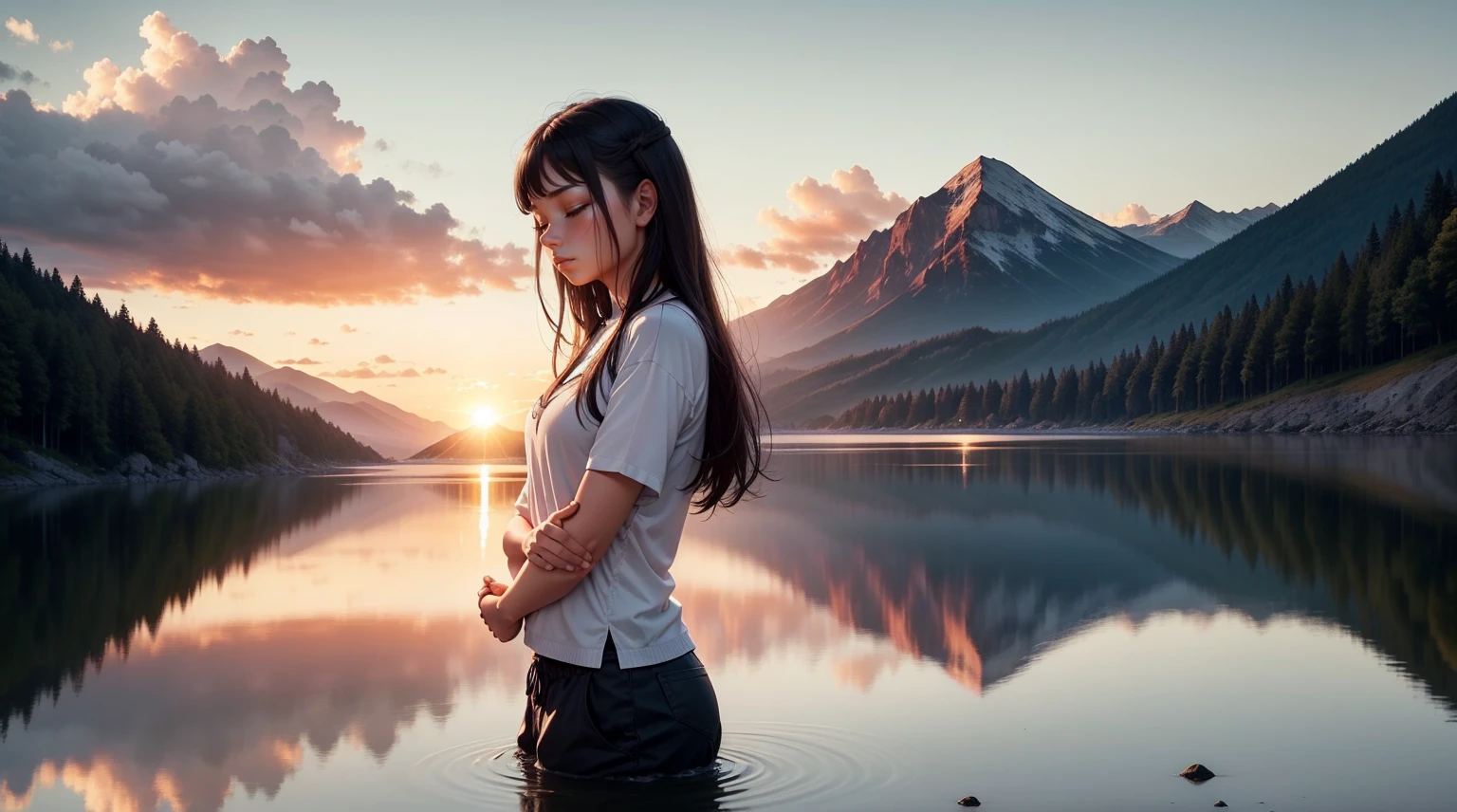 A breathtaking scene with a spectacular sunset over a calm lake surrounded by majestic mountains. En el centro de la imagen, a person stands with hands folded in prayer and eyes closed in deep meditation. Just above them, An artistic representation of God, surrounded by a divine aura of light, look with compassion at the person meditating. A luz dourada do sol poente banha a paisagem, creating a peaceful and spiritual atmosphere