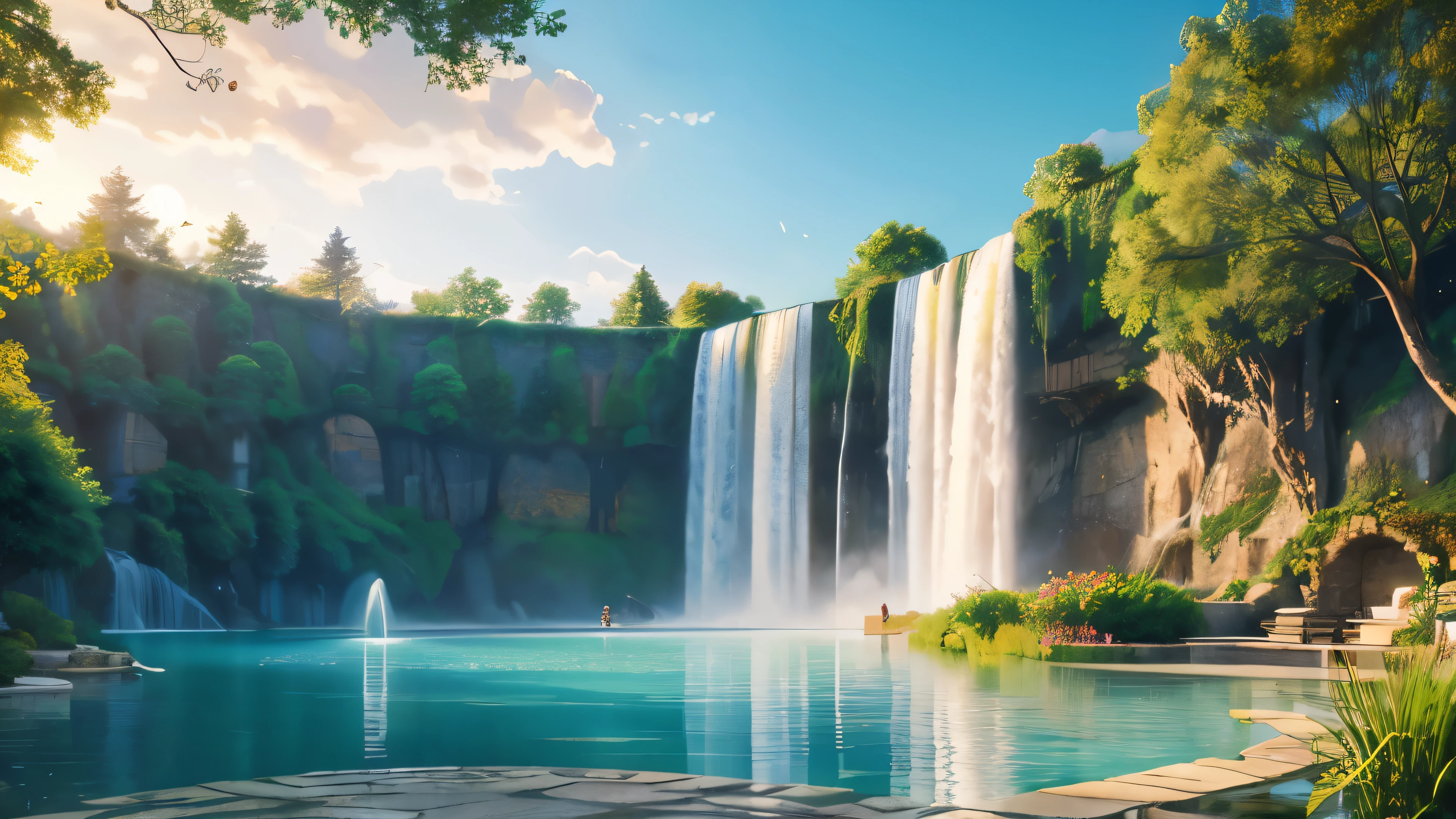 (Realistic, Photorealistic:1.4), Beautiful illustration, , high land, Lake side , Floating Fountain, floating water fall