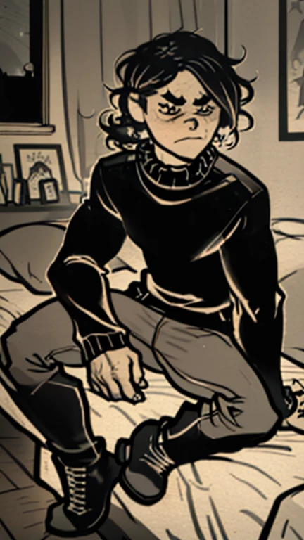 (detailed), (((normal guy))), (arab features), ((brown sheepskin jacket)), ((black curly hair loose hair)), (sad face), ((by the wide)), ((tall black boots)), (((Whole body))), ((sitting on the bed in a room)), ((male)), (black turtleneck sweater), ((only one person)), (at night), ((poorly lit room)), ((((dark room)))), (black cloth cap)