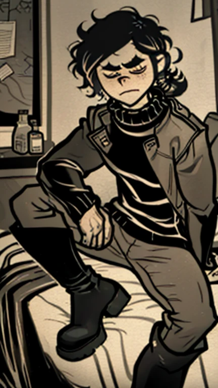 (detailed), (((normal guy))), (arab features), ((brown sheepskin jacket)), ((black curly hair loose hair)), (sad face), ((by the wide)), ((tall black boots)), (((Whole body))), ((sitting on the bed in a room)), ((male)), (black turtleneck sweater), ((only one person)), (at night), ((poorly lit room)), ((((dark room)))), (black cloth cap)