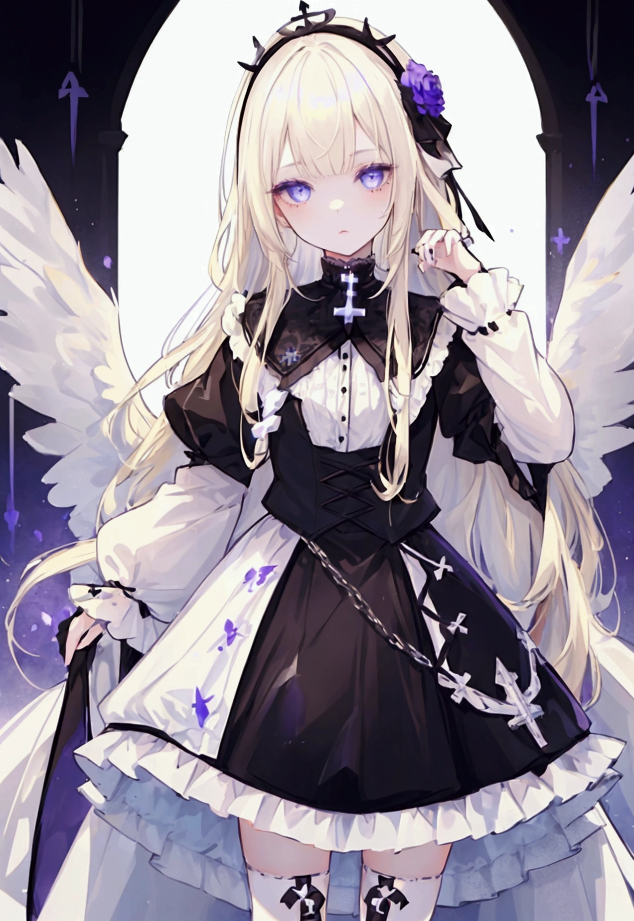 ((1 girl)) She has light skin, an black shirt, white lace details in the end of the sleeve, a short white skirt, light blonde long hair with bangs, an black crown with crosses, purple flowers on the head, black wings, long black sock with lace detail on the knee, black rosary, light blue eyes