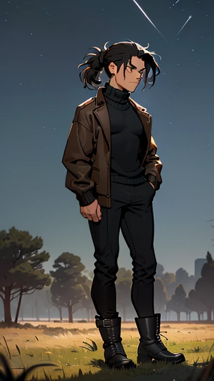 (detailed), (((normal guy))), (Arabic characteristics), ((brown sheepskin jacket)), ((pelo negro rizado ponytail hairstyle)), ((ponytail hairstyle)), (calm face), ((by the width)), ((black high boots)), (((whole body))), ((in the middle of a field leaning on a tree), ((male)), (black turtleneck sweater), ((only one person)), (at night)