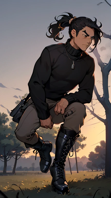 (detailed), (((normal guy))), (Arabic characteristics), ((brown sheepskin jacket)), ((pelo negro rizado ponytail hairstyle)), ((ponytail hairstyle)), (calm face), ((by the width)), ((black high boots)), (((whole body))), ((in the middle of a field leaning on a tree), ((male)), (black turtleneck sweater), ((only one person)), (at night)