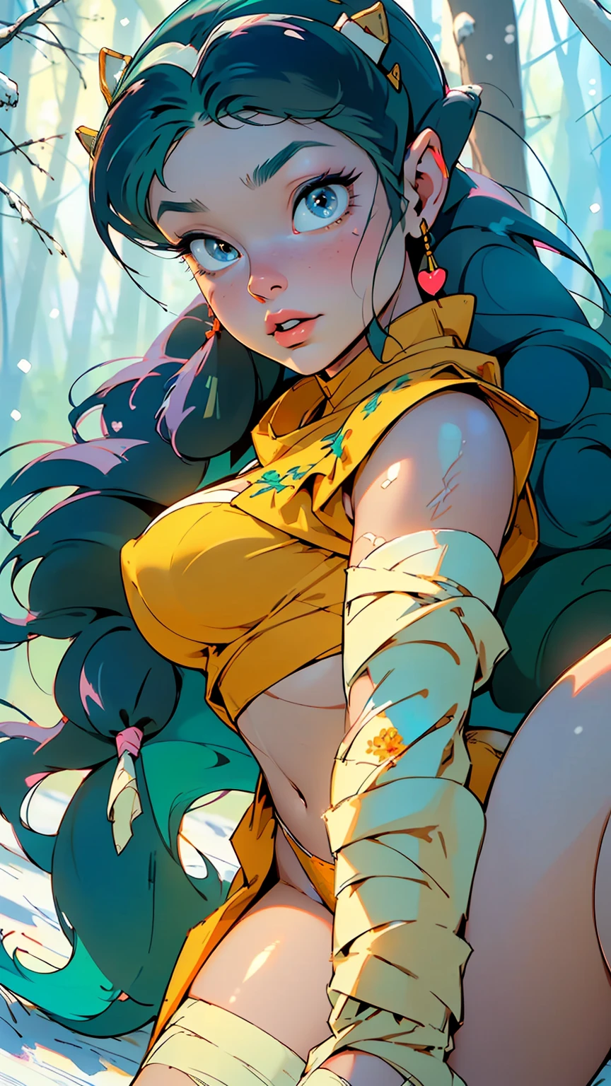 Lum from ancient Egypt,(((Lum))), (((blue_eyes:1.3,blue зрачки))),difficult eyes,beautiful detailed eyes,symmetrical eyes,big eyes:1.5,(Big breasts:1.5),((((long green hair,blue волосы,dyed inner hair)))),((((porcelain skin,pale skin,Shiny skin:1.5,bright skin: 1.5,Shiny skin,very Shiny skin,shiny body)))),(lower abdomen of a spider,slim waist,wide hip,athletic body,pumped up legs,thick thighs,perfect lips),(((detailed face))),beautiful detailed lips, ((heart pupils:1.4, heart,hearts,heart marks)), Cute,promiscuous,sensual,seductive look,seductive,((Erotic)),Rich,luxurious,((nsfv)), winter style,((((bandaged legs:1.5,bandaged hands:1.5,white bandage)))),((eyeshadow,egyptian makeup,Eyelid make-up)),((impenetrable and beautiful dragon Libra:1.4,dragon Libra)),(((difficult thong,embroidered thong,ornate thong))), dynamic and seductive pose,I look at the viewer,embarrassed,centered,scale to size,Rule of thirds, ((snowy розовый cherry forest:1.5,розовый theme forest:1.5)),winter,landscape:1.25,((difficult landscape)),((snow forest background)), (Glossy winter ornaments),a high resolution,Sharp Focus,(Ultra detailed,extremely detailed),(photorealistic work:1.37),(extremely detailed CG unity 8k wallpaper),(((bright colors,bright theme))),(difficult),(masterpiece),(Best quality),art photography,(photo taken by sldr),(difficult background),perfectly drawn face,perfect facial details,realistic face,photo realistic,((difficult detail)),